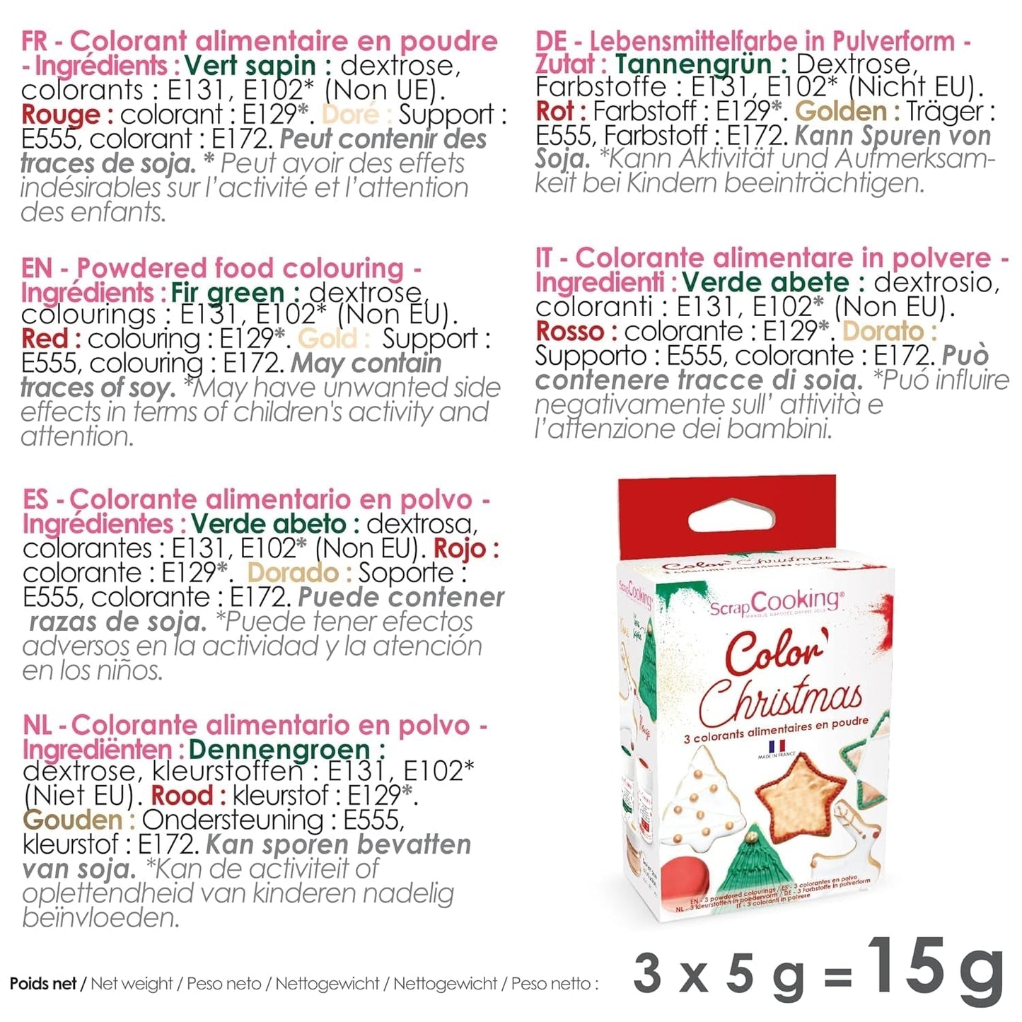 Scrapcooking - Sada 3 práškových vánočních potravinářských barviv - červená, zelená, zlatá - Jedlé potravinářské barvivo na pečení, dorty, sušenky, pečivo, těsto, fondán - vánoční ozdoby - 4018