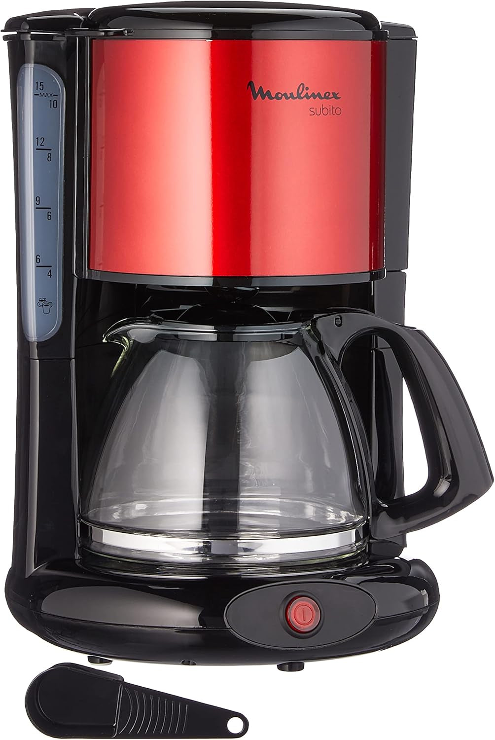 Espresso Subito s filtrem, skleněná karafa, 10-15 šálků, objem 1,25 l, automatické vypínání, vyjímatelný filtr, indikátor hladiny vody, nerezová ocel, červená/černá, FG360D
