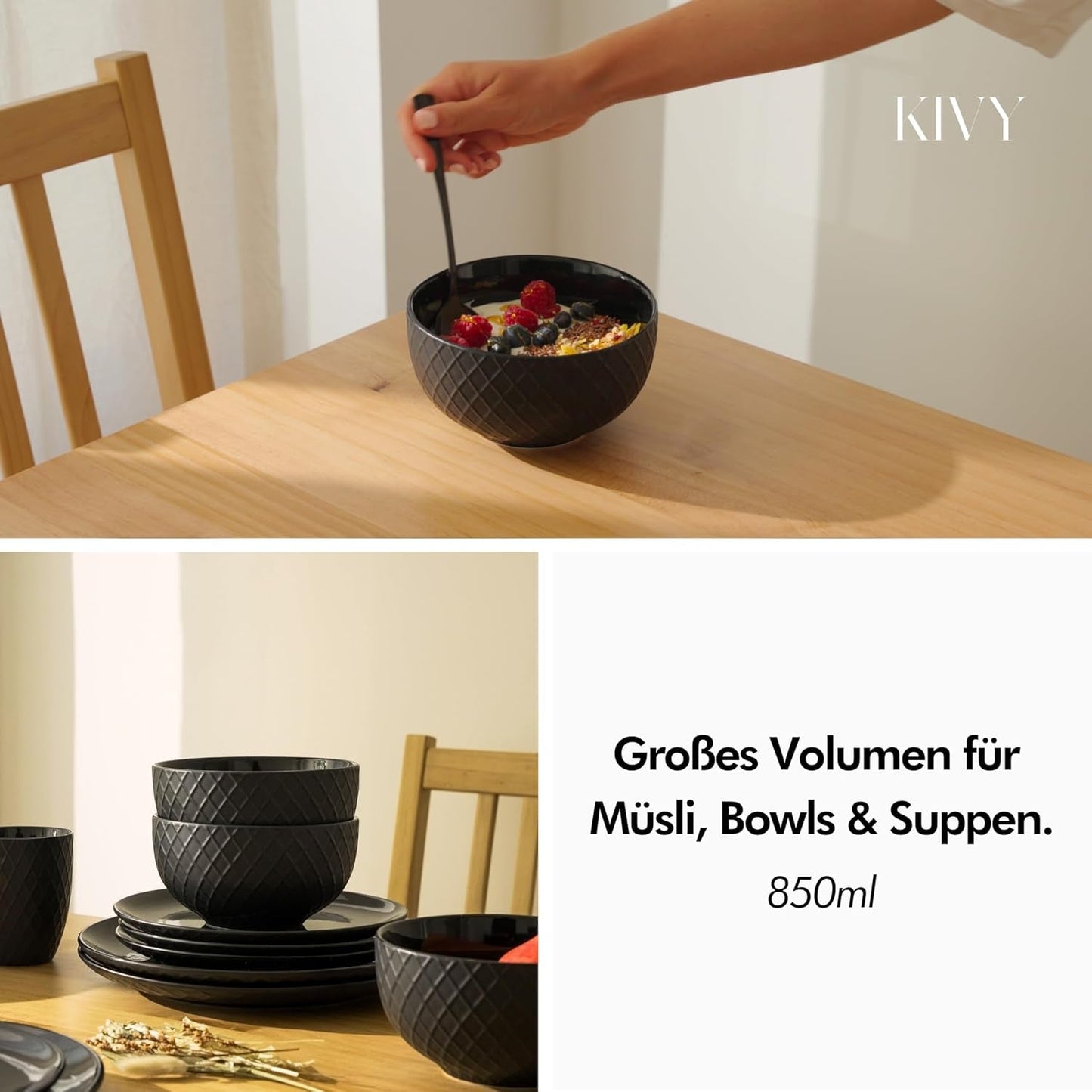 Sada misky na cereálie KIVY - 6 x 850 ml - Velké misky na polévku a kaši - Miska na polévku - Miska - Misky na cereálie - Misky na polévky - Sada misek - Keramická miska na cereálie (bílá smetanová, misky)