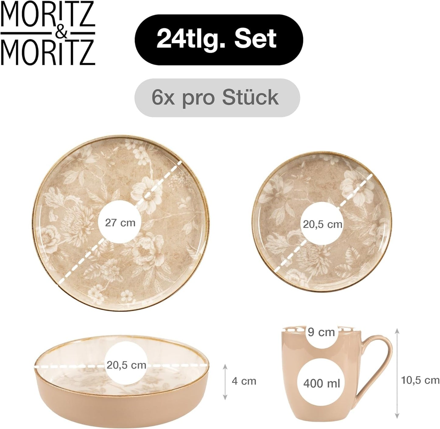 Moritz & Moritz MARIELLA 6místná 24dílná sada kameninového nádobí - Moderní béžové nádobí s hravým designem, kávový servis se snadnou údržbou s talířky, misky a šálky - Kombinovaná sada