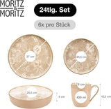 Moritz & Moritz MARIELLA 6místná 24dílná sada kameninového nádobí - Moderní béžové nádobí s hravým designem, kávový servis se snadnou údržbou s talířky, misky a šálky - Kombinovaná sada