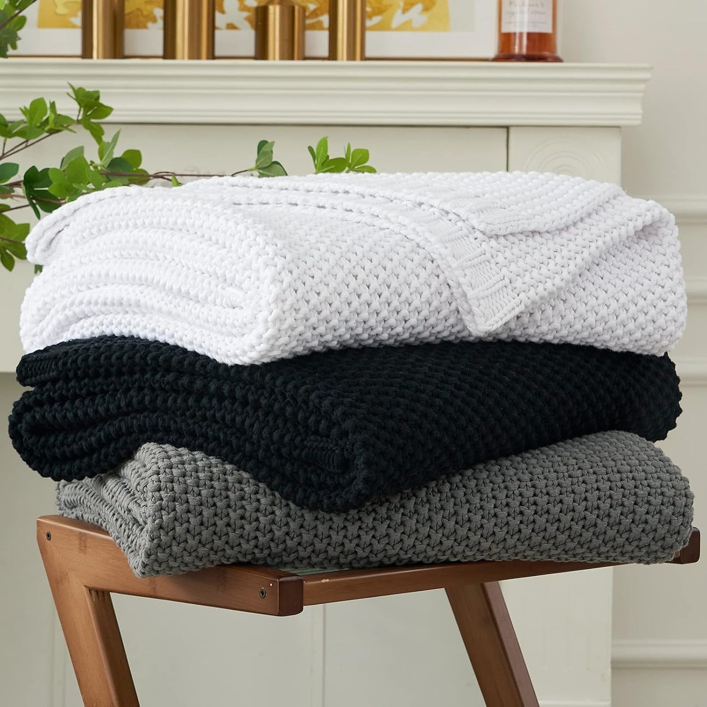 Hrubá pletená deka, Lehká, Béžová, 100% organická bavlna, Deka na pohovku, pohovku, postel, dítě, dětský pokoj, Rustikální, Shabby chic, Moderní statek, 152,4 X 203,2 cm, Včetně sáčku na prádlo Postele a přikrývky Povlečení Longhui Černá 60"X80", nadměrná