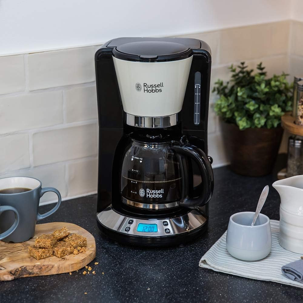 Kávovar Russell Hobbs [Digitální časovač, sprchová hlavice pro optimální odsávání a aroma] Colors+ Creme (1 až 10 šálků, 1,25 l skleněná karafa, topná deska, 1100 W) Kávovar s filtrem 24033-56