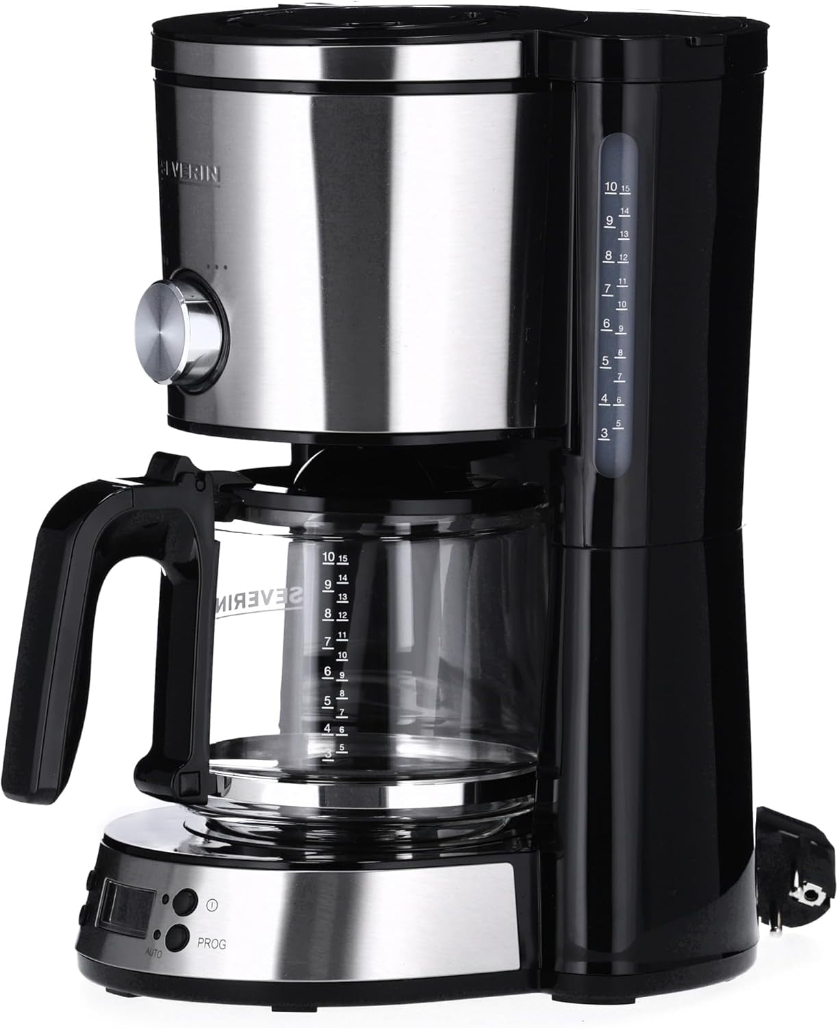 Espresso kávovar SEVERIN "TypeSwitch" se skleněnou karafou a časovačem, AromaSwitch pro výběr 2 možností spařování, digitální hodiny s funkcí časovače, až 10 šálků, 1000W, kartáčovaná nerez-černá, KA 4826