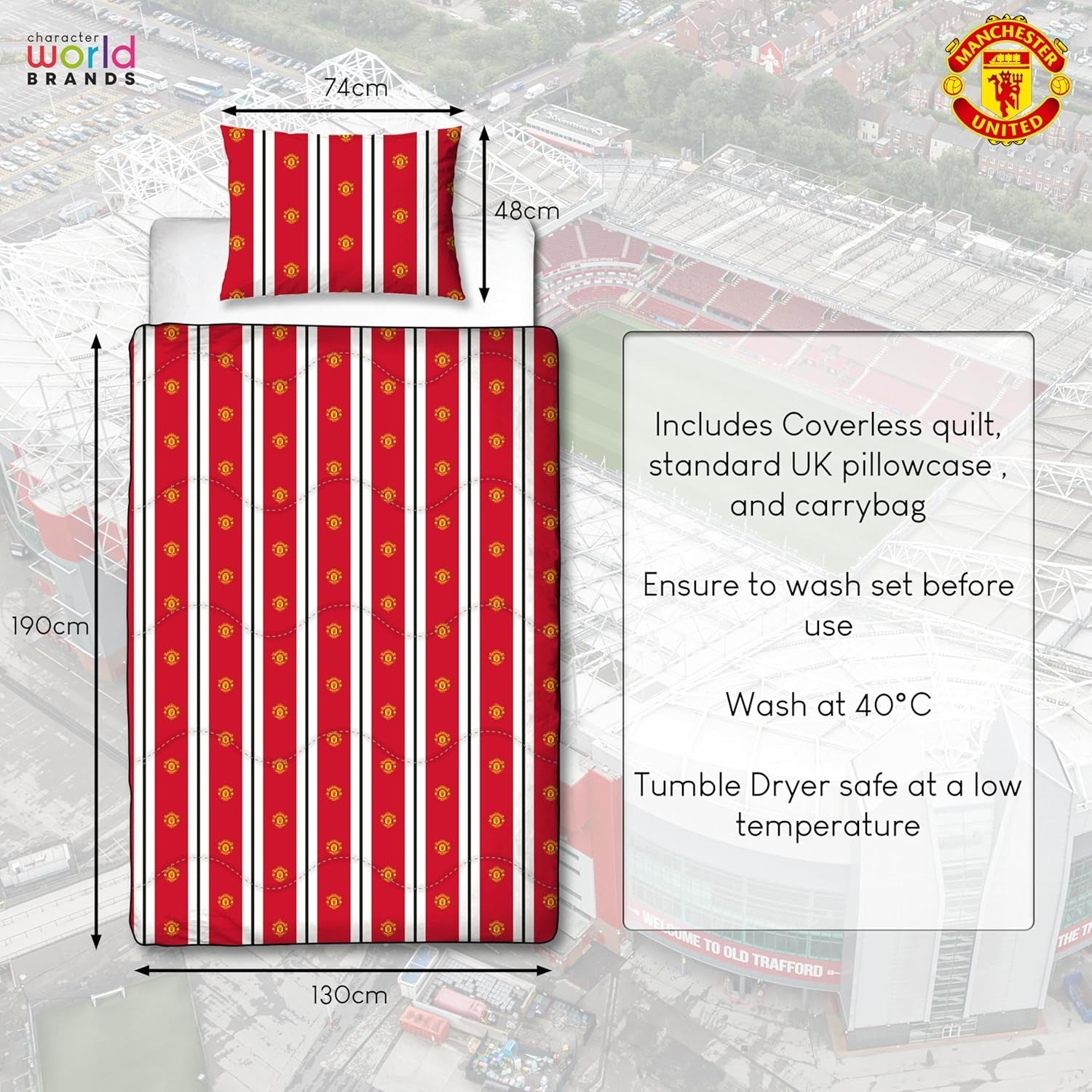 Oficiální jednolůžková přikrývka Manchester United FC, oboustranná, červenobílá, bez potahu, fotbalová přikrývka, povlak na polštář, pratelná, ideální na cesty, přenocování, přikrývky a přikrývky 10,5 Tog Naty Shop