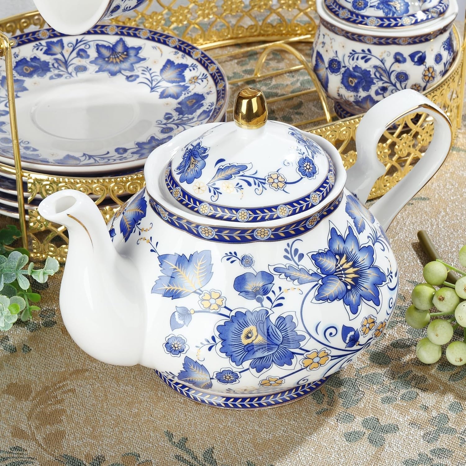 Porcelánová čajová souprava Fanquare Modrý květ s kovovým stojanem Vintage porcelánový šálek na kávu a podšálek Anglická kávová souprava pro dospělé