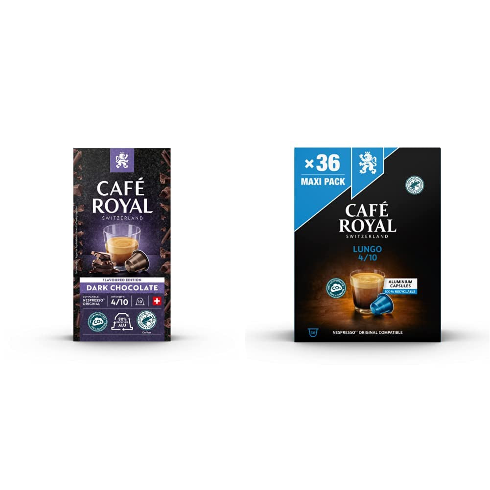 Café Royal s příchutí hořké čokolády 100 kapes pro Nespresso kávovar na kávu - 4/10 Intenzita - UTZ-zertifiziert, aus Aluminium & Lungo 36 Kapseln für Nespresso Kaffee Maschine - 4/10 Intenzita