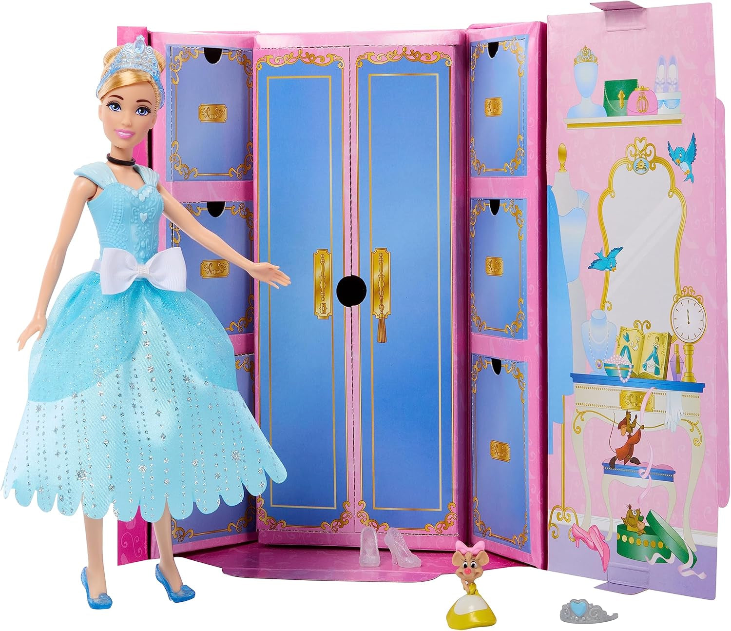 Mattel DISNEY Princess Cinderella - pohyblivá panenka s třpytivým outfitem, odnímatelné boty a diadém, rozčesatelné vlasy pro kadeřnickou zábavu, pro děti od 3 let, HLW06 Naty Shop Dolls Panenka Popelka Módní sada