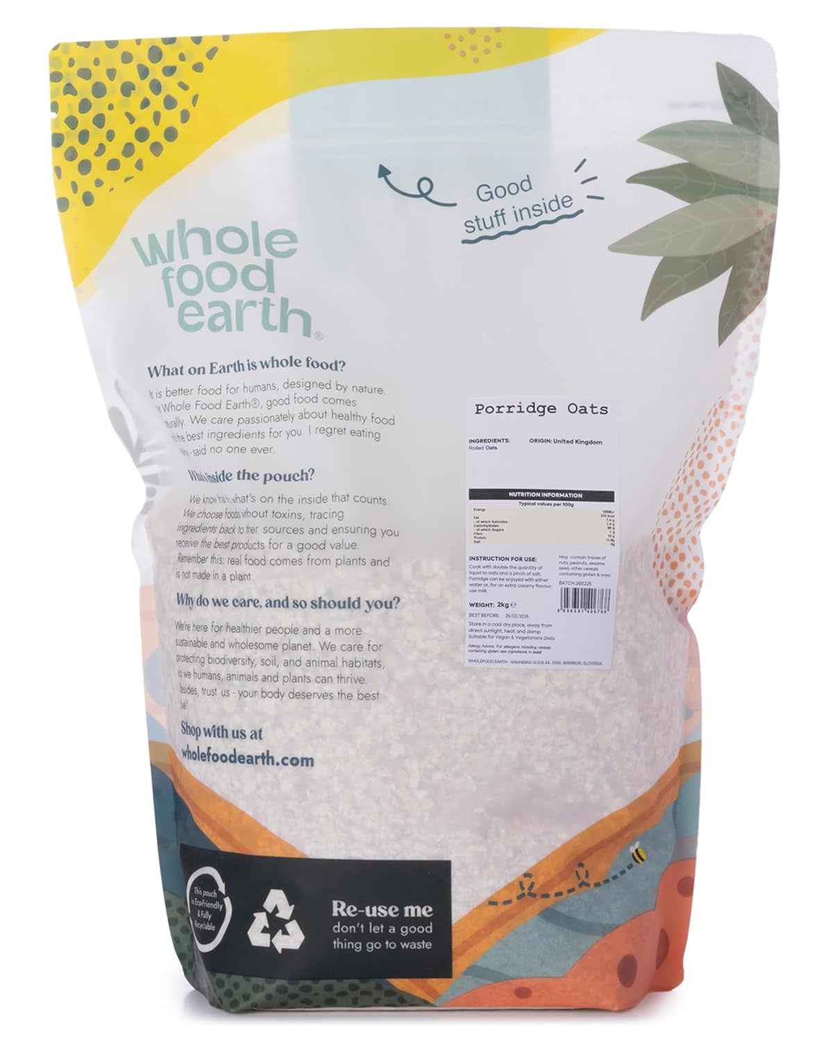 Celozrnné ovesné vločky Earth 2 kg | Bez GMO | Bohaté na vlákninu