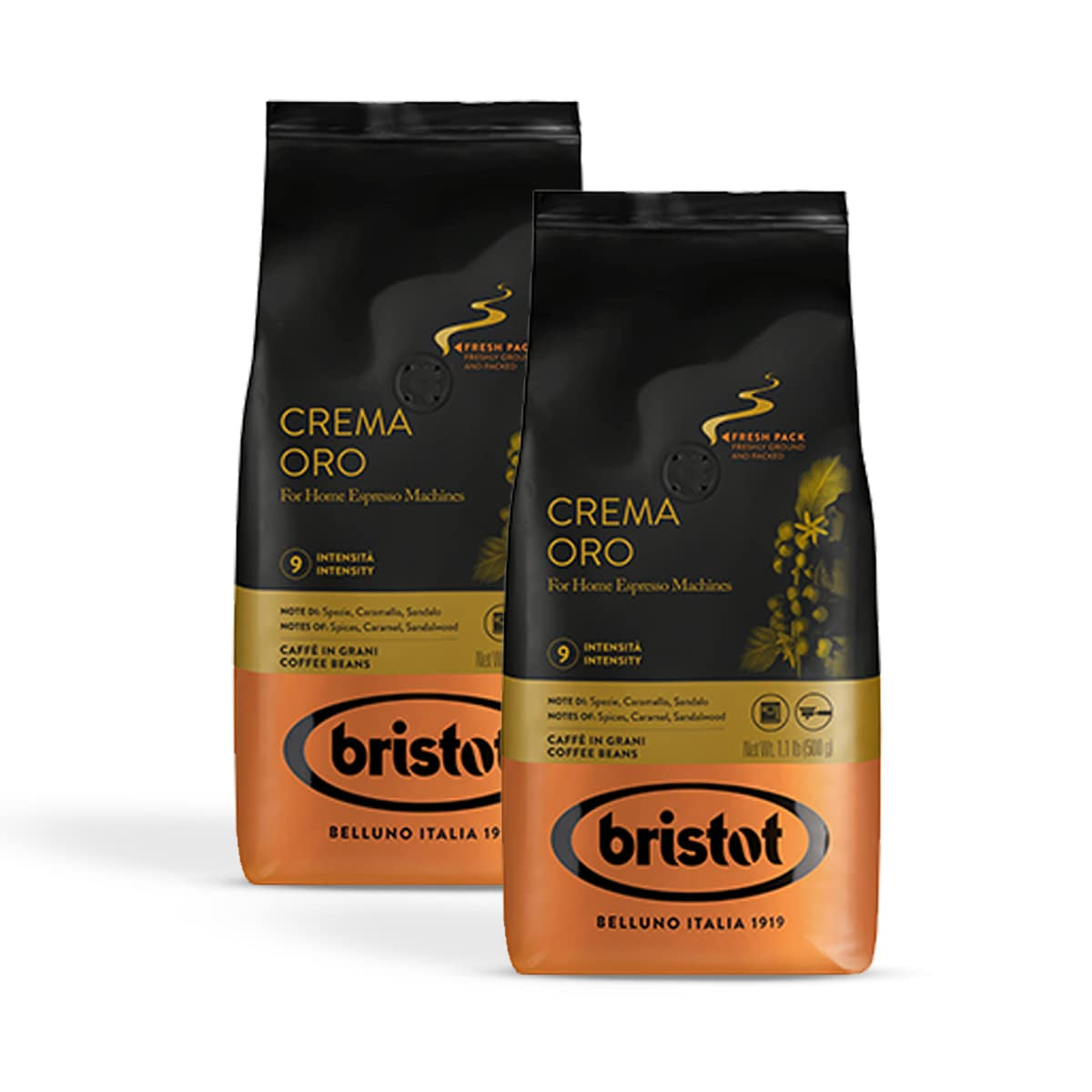 Bristot, Kaffeebohnen CREMA ORO – Celkem 1 kg – Mischung mit intenzivní Aroma, süßem Geschmack, Gewürzen, Caramel, Sandelholznoten – Set mit 2 pro 500 g