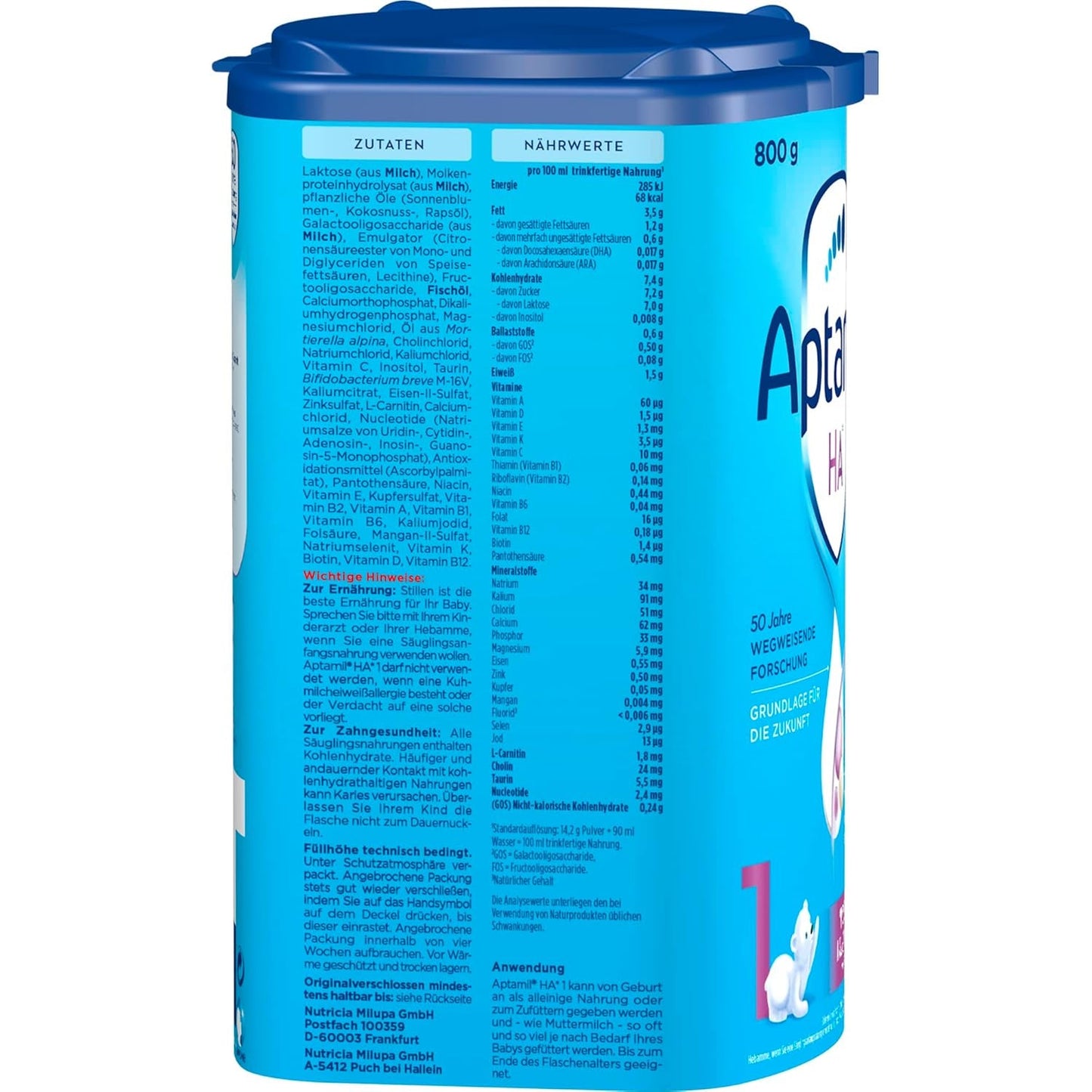 Aptamil HA 1 – Anfangsmilch von Geburt an, Mit DHA, Nur Lactose, Ohne Palmöl, Babynahrung, Milchpulver, 1x 800 g (Backung mit 4)