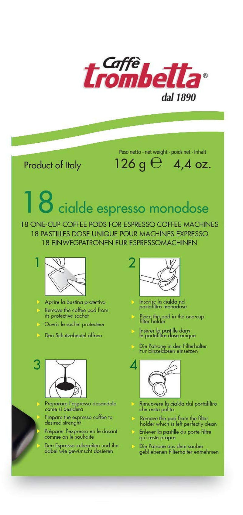 Caffè Trombetta ESE Kaffeepads, Italien Kaffee, Richhaltiges Aroma and samtiger Gesmack Biologisch - 1 Packungen zu je 18 Kaffeepads