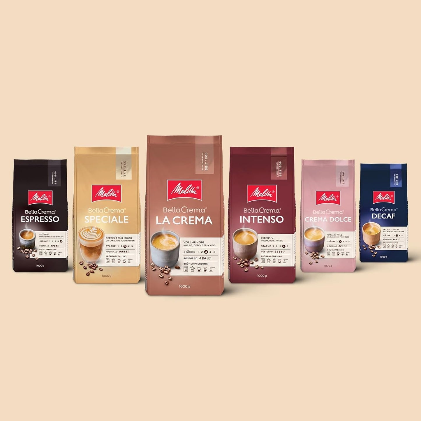 Melitta BellaCrema Crema Dolce zrnková káva 1 kg, nemletá, zrnková káva pro plně automatické kávovary, lehce pražená, pražená v Německu, intenzita 2