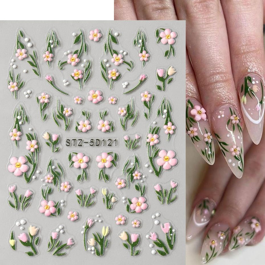 JMEOWIO 3D Nálepka na nehty Blumen Frucht Nálepka na nehty Selbstklebend Nagelaufkleber 5D Stereoskopická dekorace Nageldesign Zubehör 4 Blatt