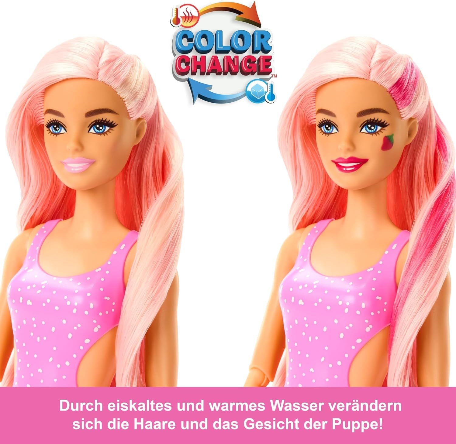 Barbie Pop Reveal Fruit - Panenky s překvapením s 8 ovocnými překvapeními, včetně polohovatelné panenky s vůní jahodové limonády a nadýchaného štěněte, věk 3+, HNW41