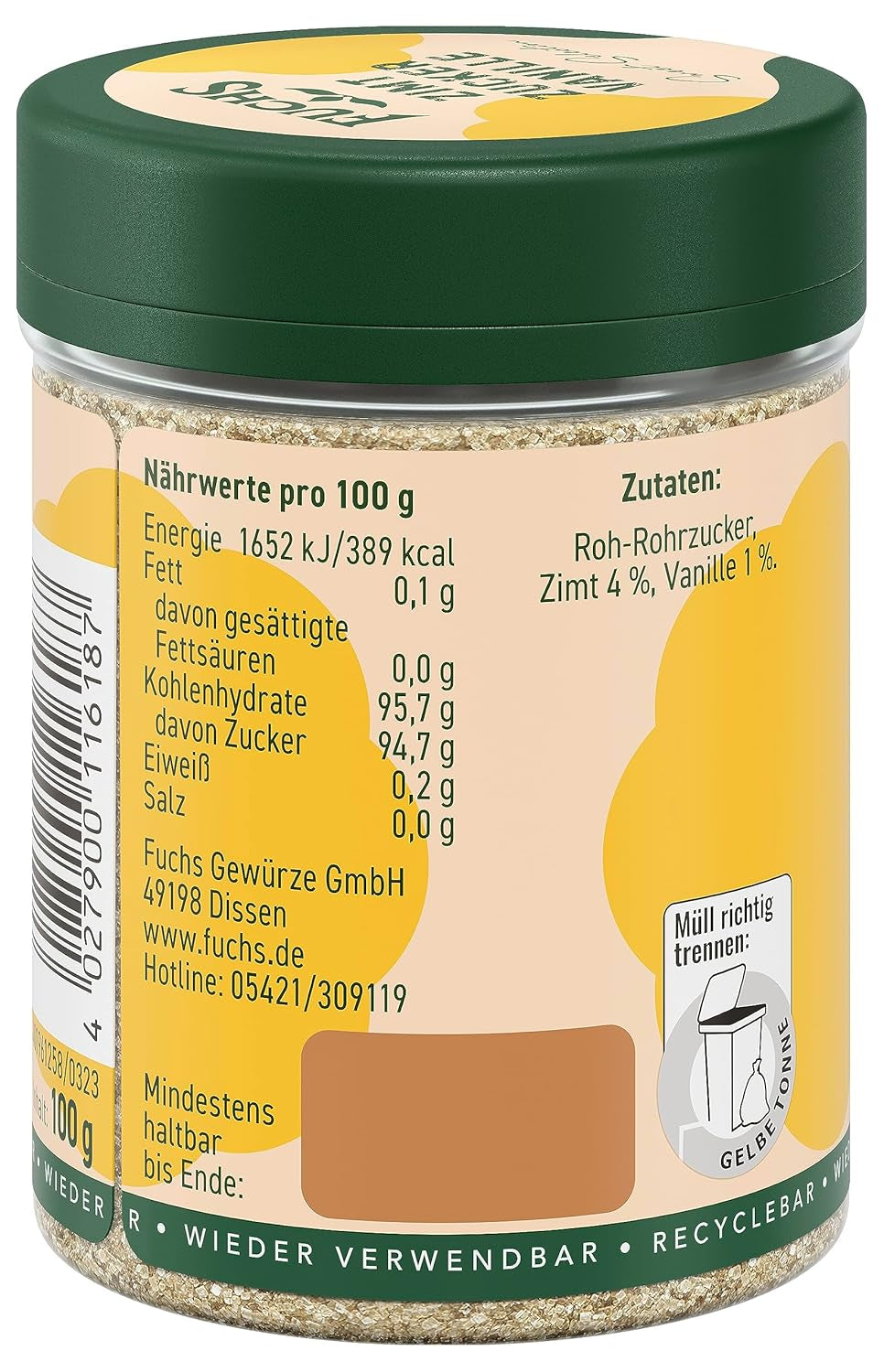 Fuchs Gewürze - Zimt Zucker Vanille - Gewürz zum Versüßen von Wafeln, Milchgetränken oder Joghurt - aus natürliche Ingredient - 100 g v wiederverwendbarer, recyclebarer Dose
