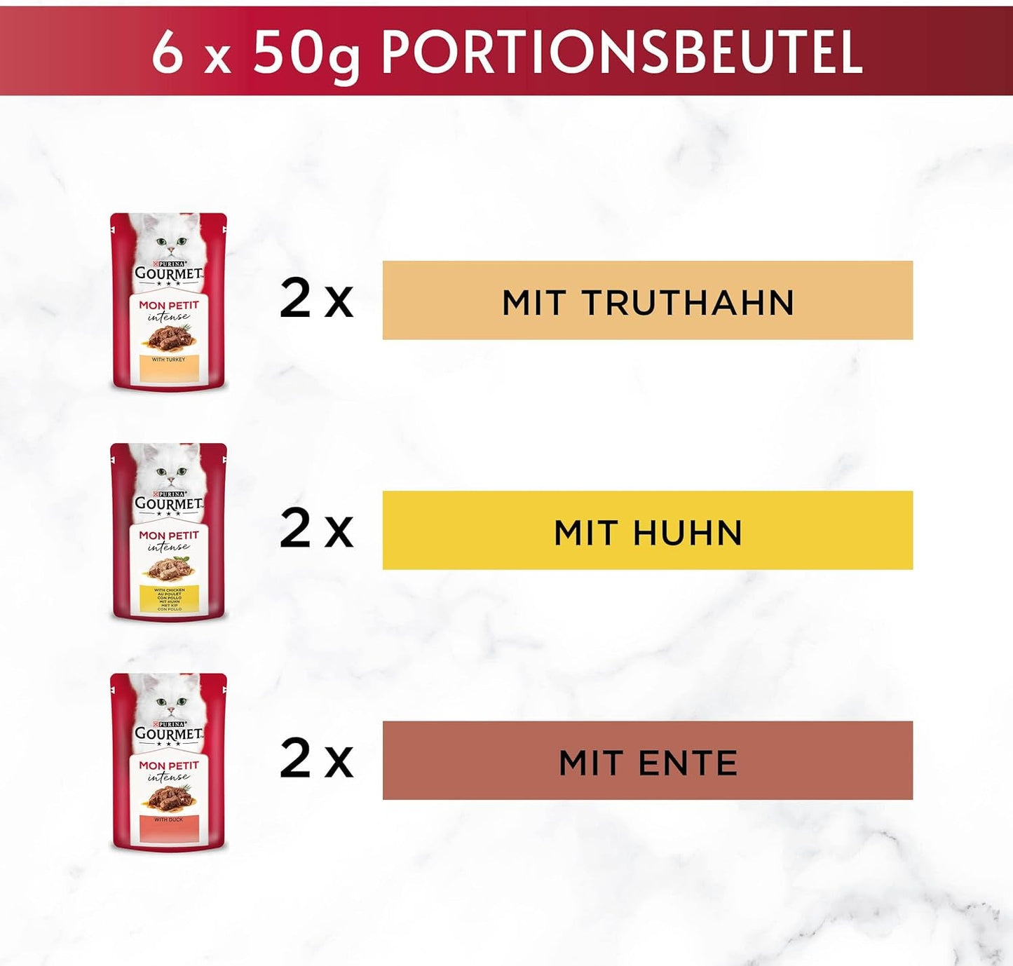 Gourmet Mon Petit Intense mokré krmivo pro kočky, drůbež, balení po 8 kusech (8 x 6 sáčků po 50 g)