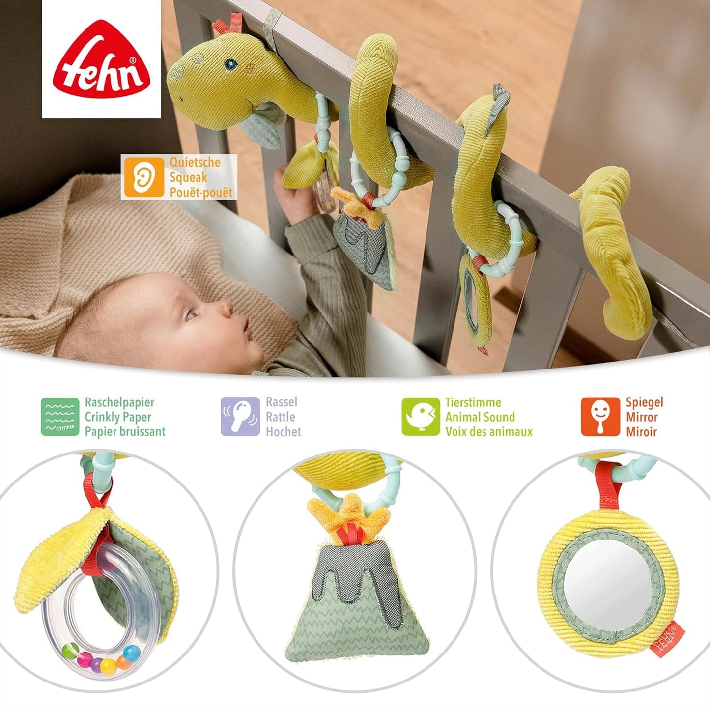 Fehn Activity Spiral Dino - tahací a tlačený kočárek - dinosauří hračka do postele, hřiště, kočárku a autosedačky - motorická hračka pro miminka a batolata od 0+ měsíců Baby Toys Naty Shop