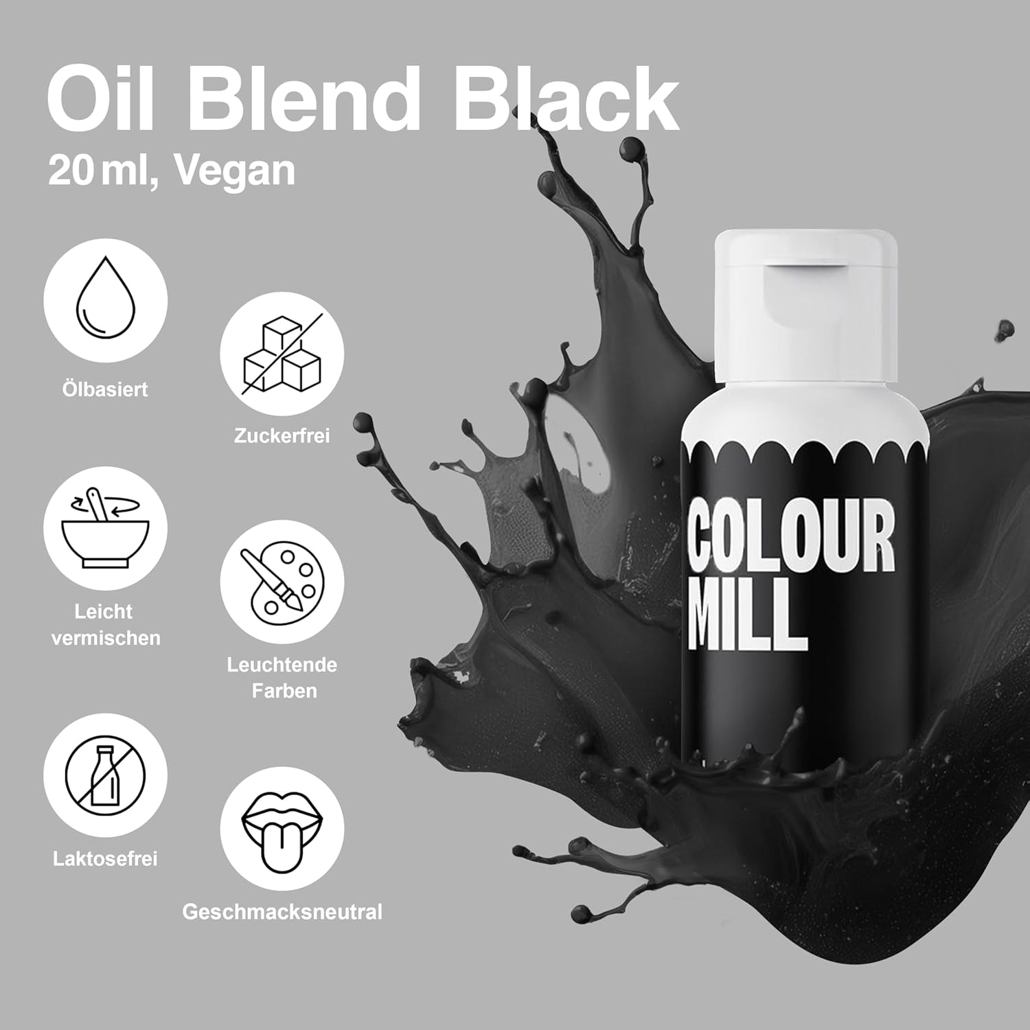 Color Mill Liquid Food Coloring Set - 5 x 20 ml na olejové bázi (černá, růžová, fialová, červená a modrá) - odolná proti UV záření - ideální na pečení a jako poleva na dorty, muffiny a ozdoby dortů