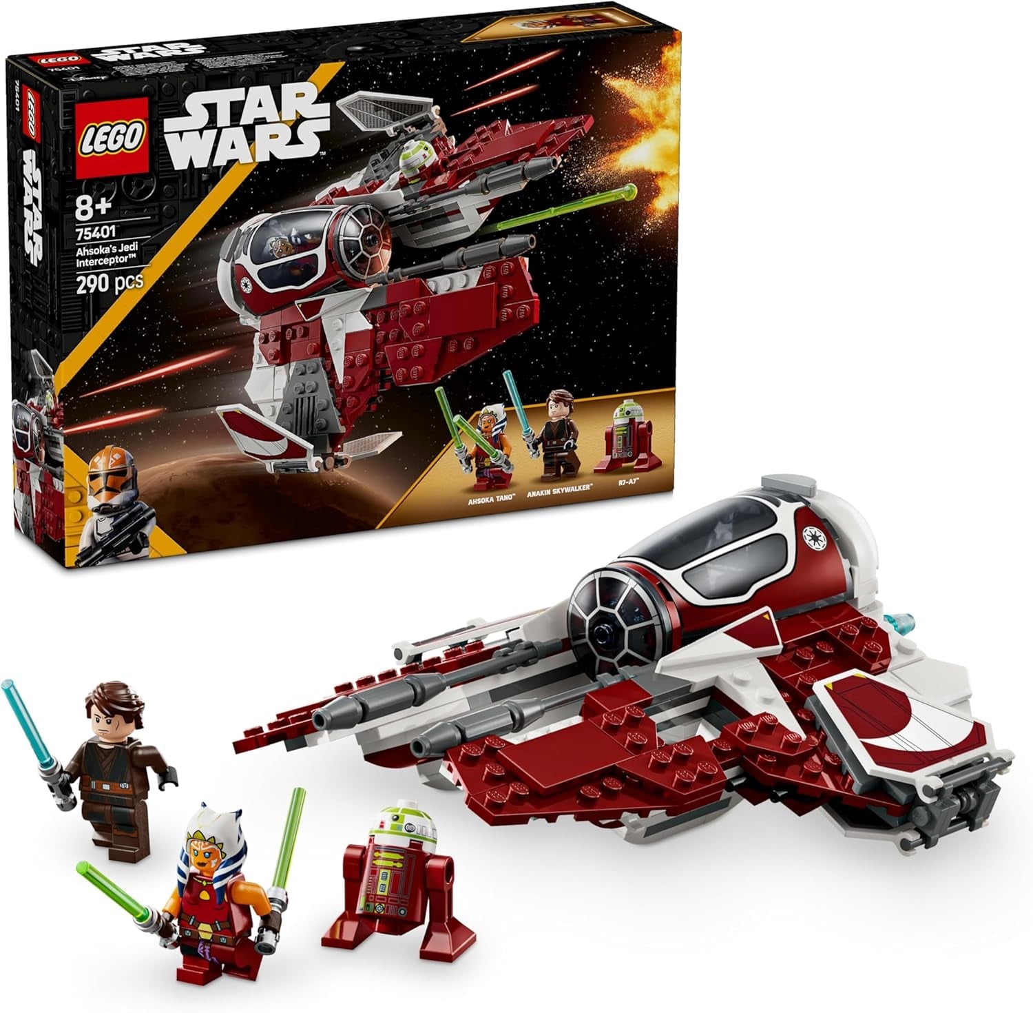 LEGO Star Wars 75401 Ahsoka's Jedi Interceptor Starfighter pro fanoušky Clone Wars Minifigurky Ahsoka Tano a Anakin Skywalker se světelnými meči a R7-A7 pro chlapce a dívky od 8 let Stavebnice Beuche den LEGO-Store Výchozí název