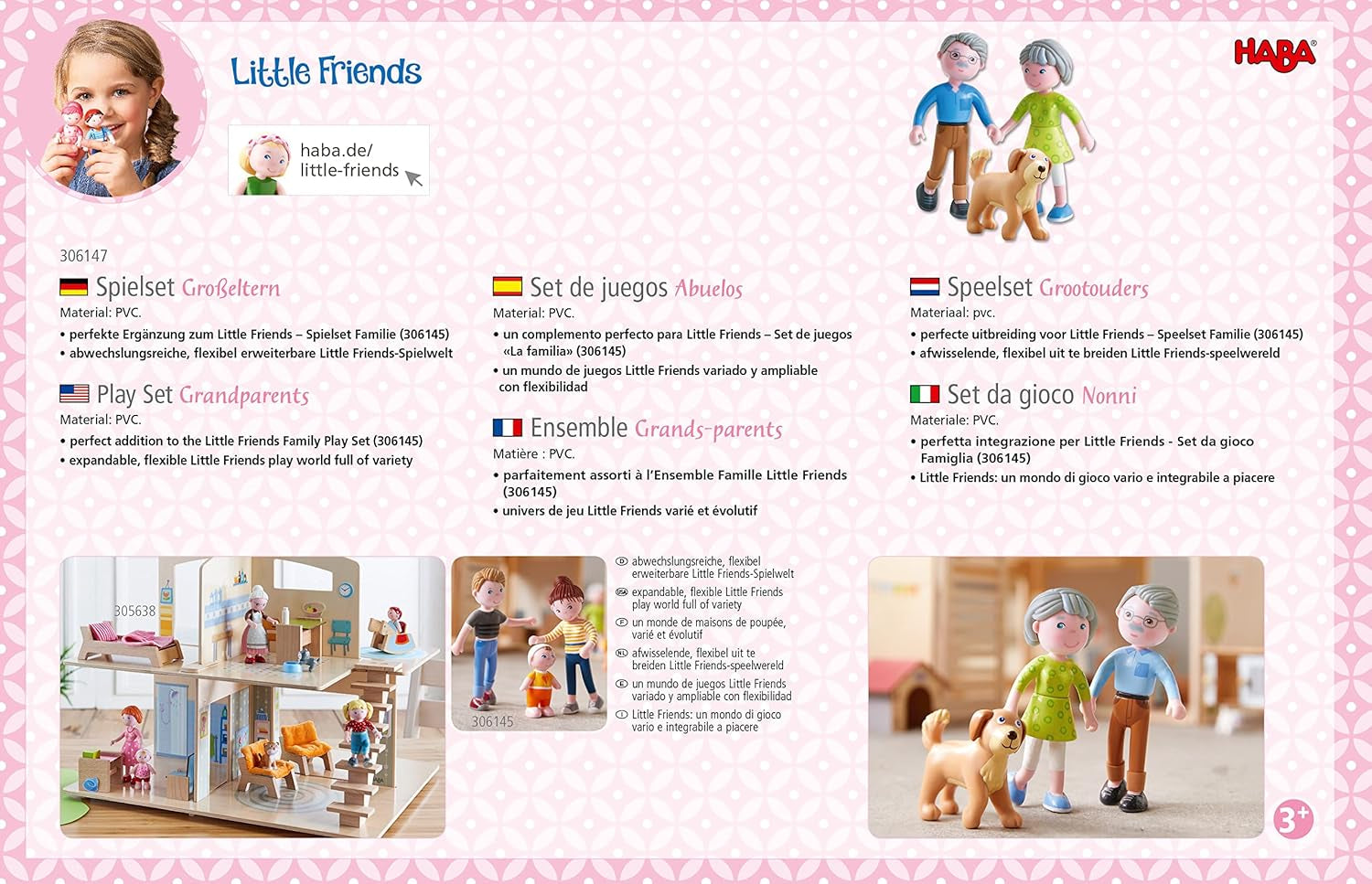 HABA 306147 - Hrací sada Little Friends Prarodiče, flexibilní panenky a zvířátka od 3 let, vícebarevná