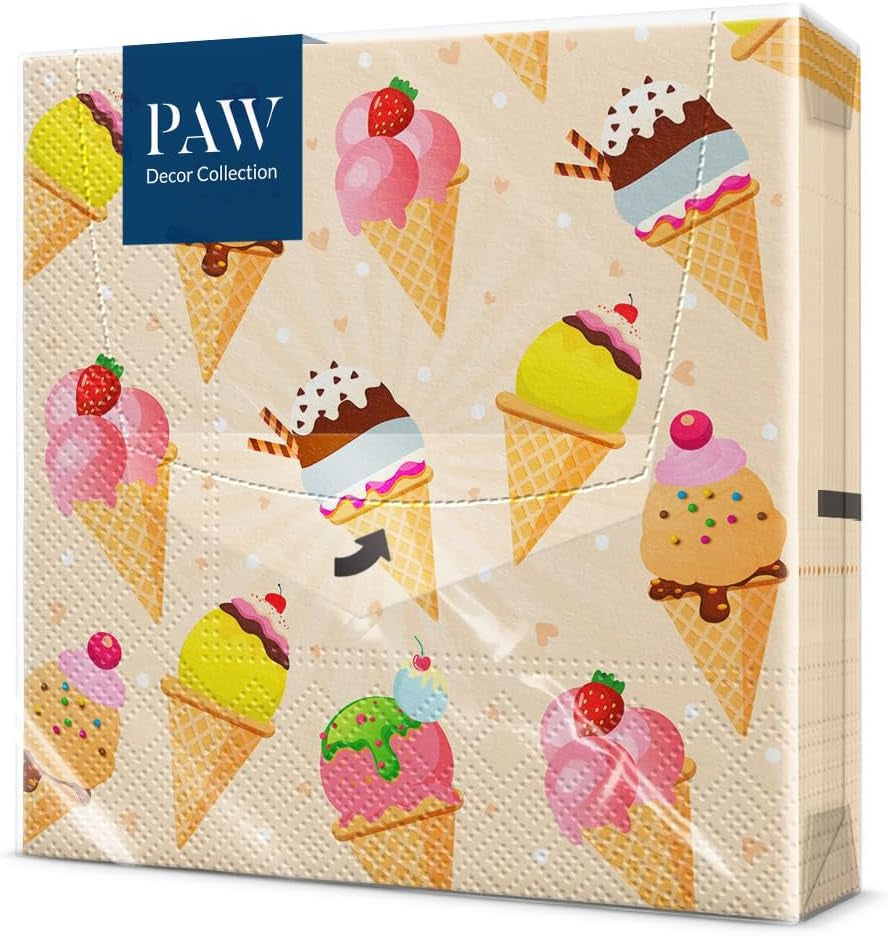 PAW - 3vrstvé ubrousky (33 X 33 cm) I 20 kusů I Ideální na párty, narozeniny, svátky I Stolní dekorace pro dětské oslavy - Papírové ubrousky s barevným motivem - Zmrzlina I Zmrzlina