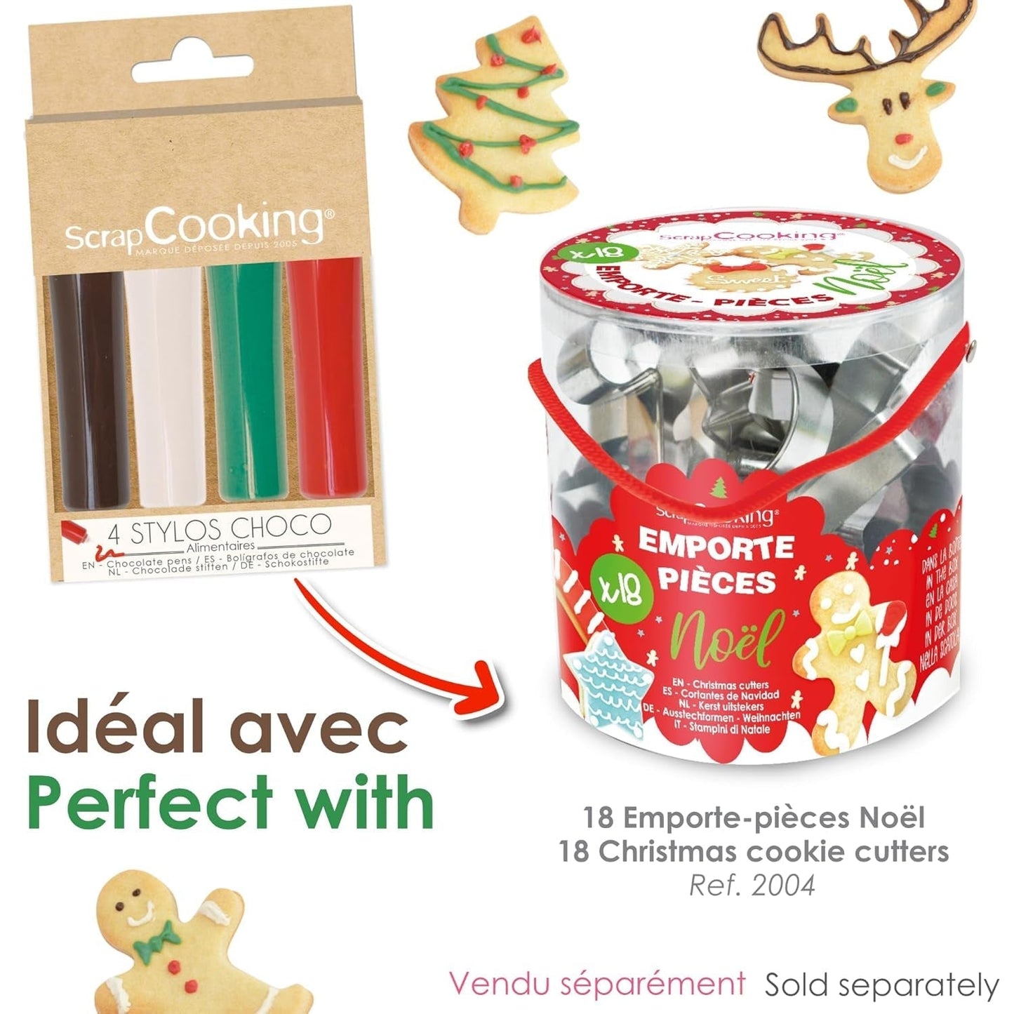 Scrapcooking - Sada 4 vánočních čokoládových pastelek - hnědá, bílá, zelená a červená - Jedlé barvivo - Potravinářské barvivo pro psaní - Psaní a kreslení na dezerty, dorty a sušenky - 7060