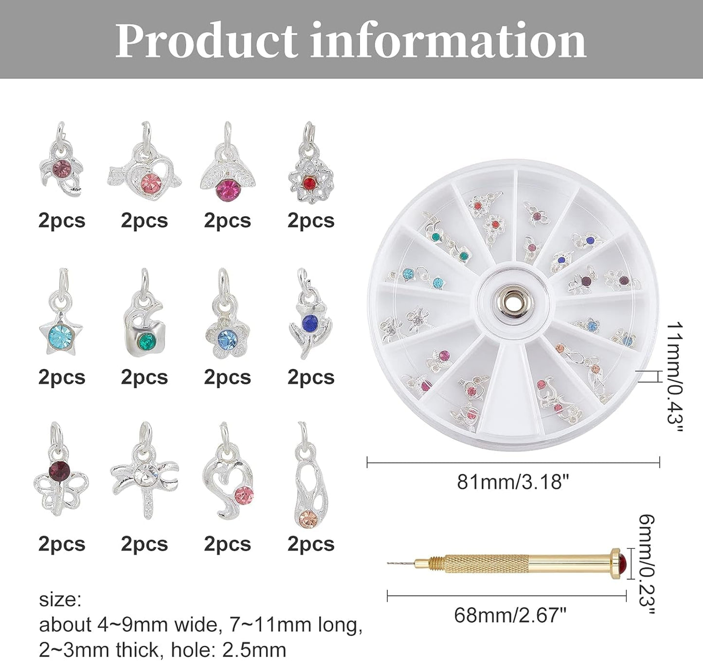 OLYCRAFT 24Pcs Nagelschmuck Ringe Dangle Nail Art Zubehör Mit Nagelpiercing Tool Nagelbohrer Manueller Bohrer Aus Legierung Für Tips, Acryl, Gele Und Dekorationen