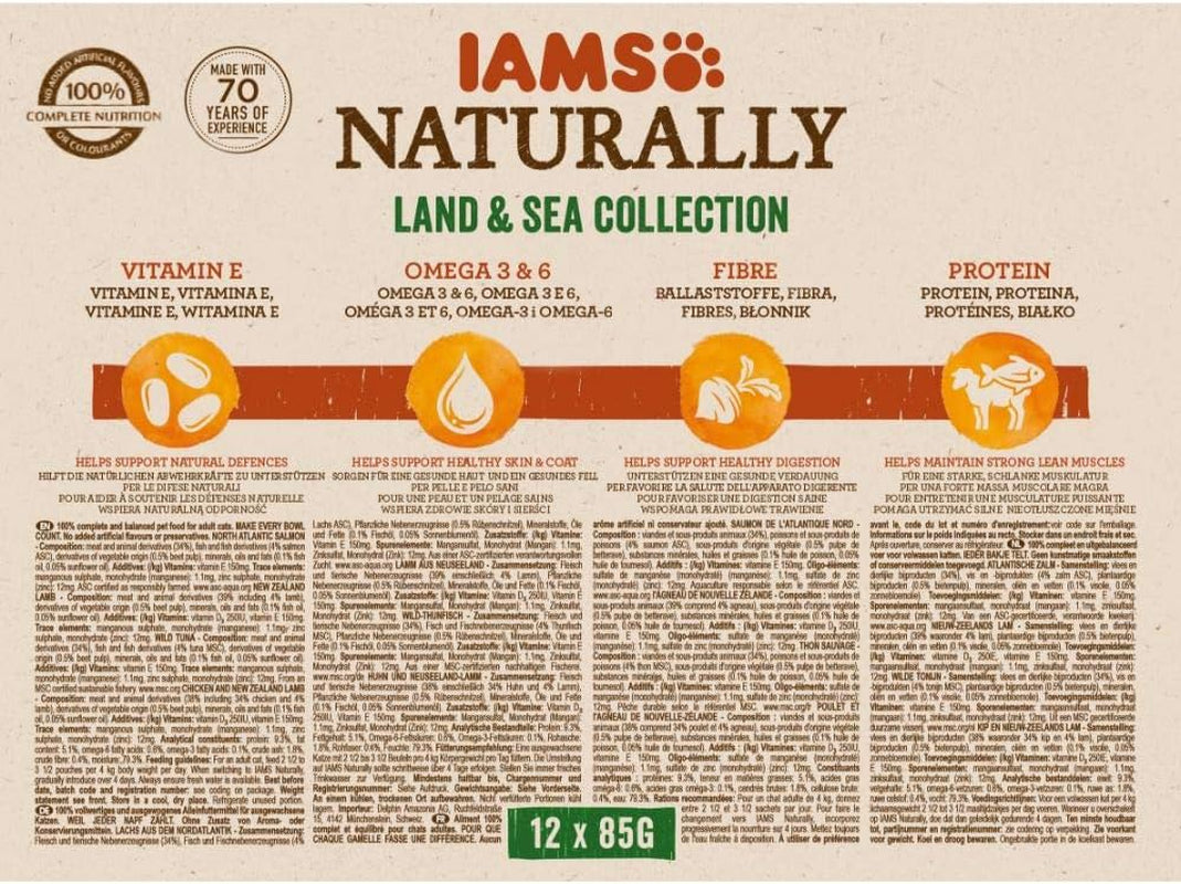 IAMS Natural Mokré krmivo pro kočky v omáčce - Vysoce kvalitní mokré krmivo pro maso a ryby pro dospělé kočky, Land & Sea Collection, 12 x 85 g