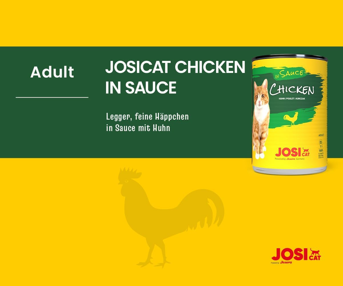 JosiCat Kuře v omáčce (12 x 415 g) | Dospělý | Prémiové vlhké krmivo pro dospělé kočky | Kuře v omáčce | Vitamin D3 a E | Powered by JOSERA | Mokré krmivo pro kočky | Kompletní krmivo | Balení 12