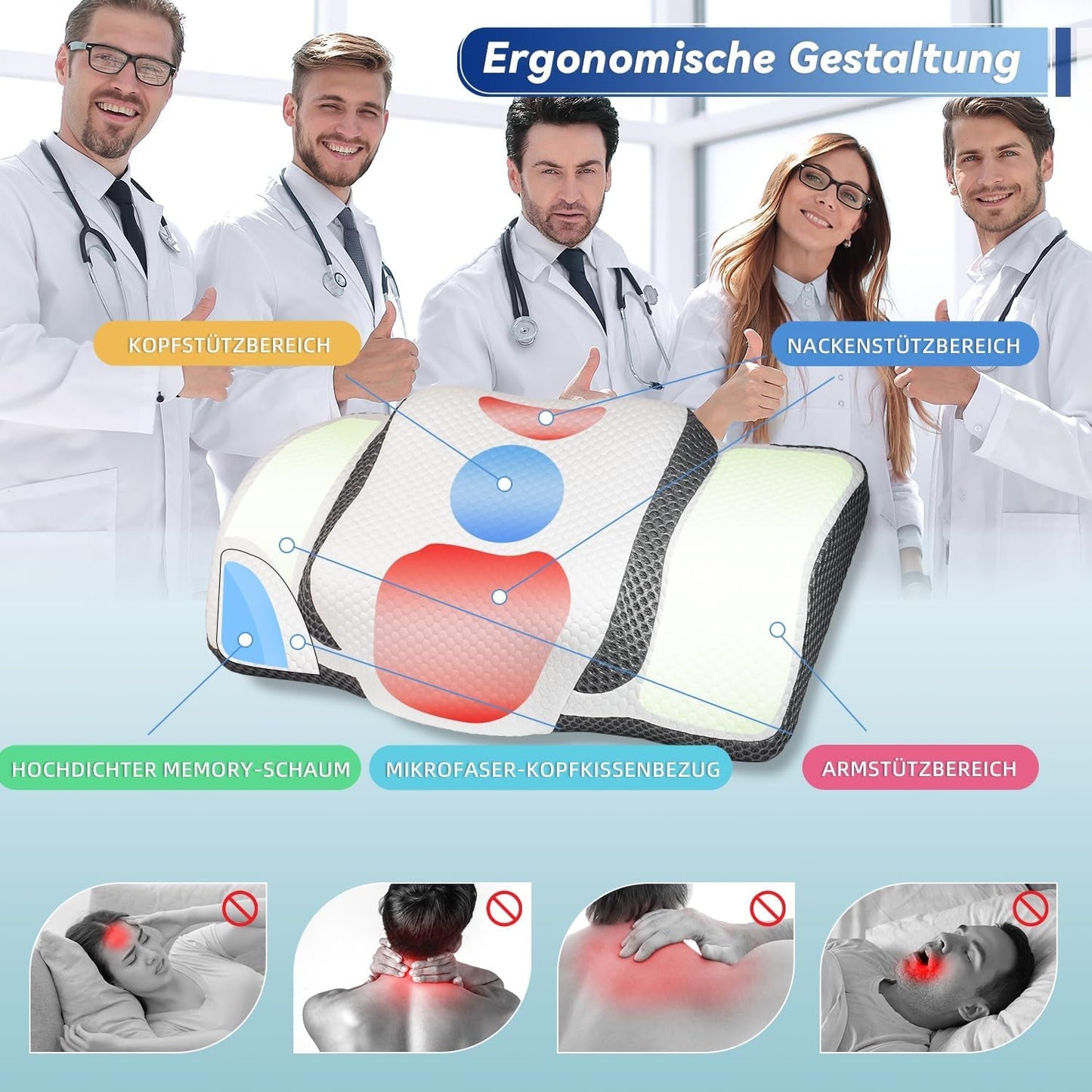 Ortopedický polštář, Ergonomický polštář na krk, Polštář na hlavu, Originální polštář z paměťové pěny na boky, Opěrka zad a žaludku, Polštář na podporu krku pro muže, Ženy (67,3 X 38,2 X 13,8/3 cm) Krční ortopedické polštáře Naty Shop
