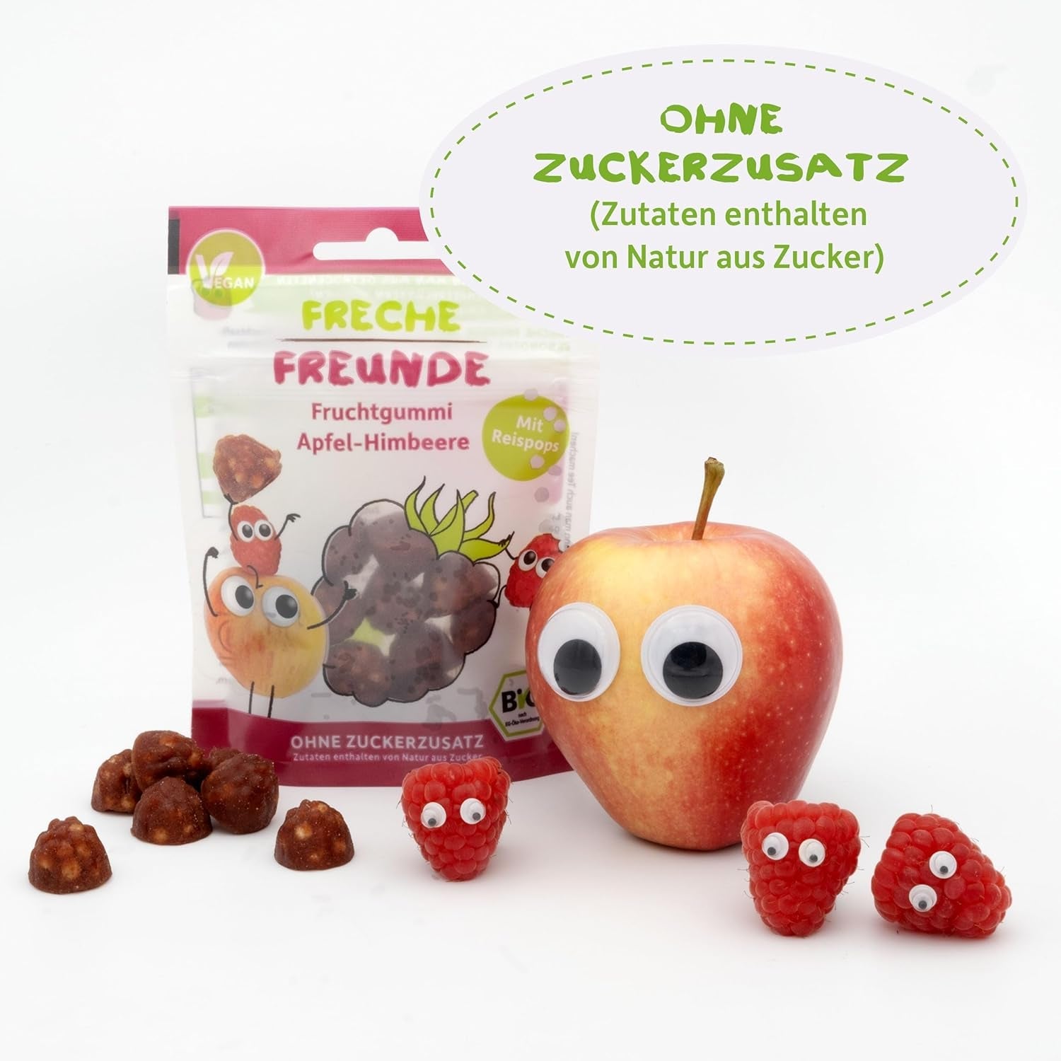 FRECHE FREUNDE Bio ovocná želé, jablka, maliny a rýžová lízátka, ovocná sladká svačina pro děti, bezlepková, veganská, balení 20 ks (20 x 30 g)
