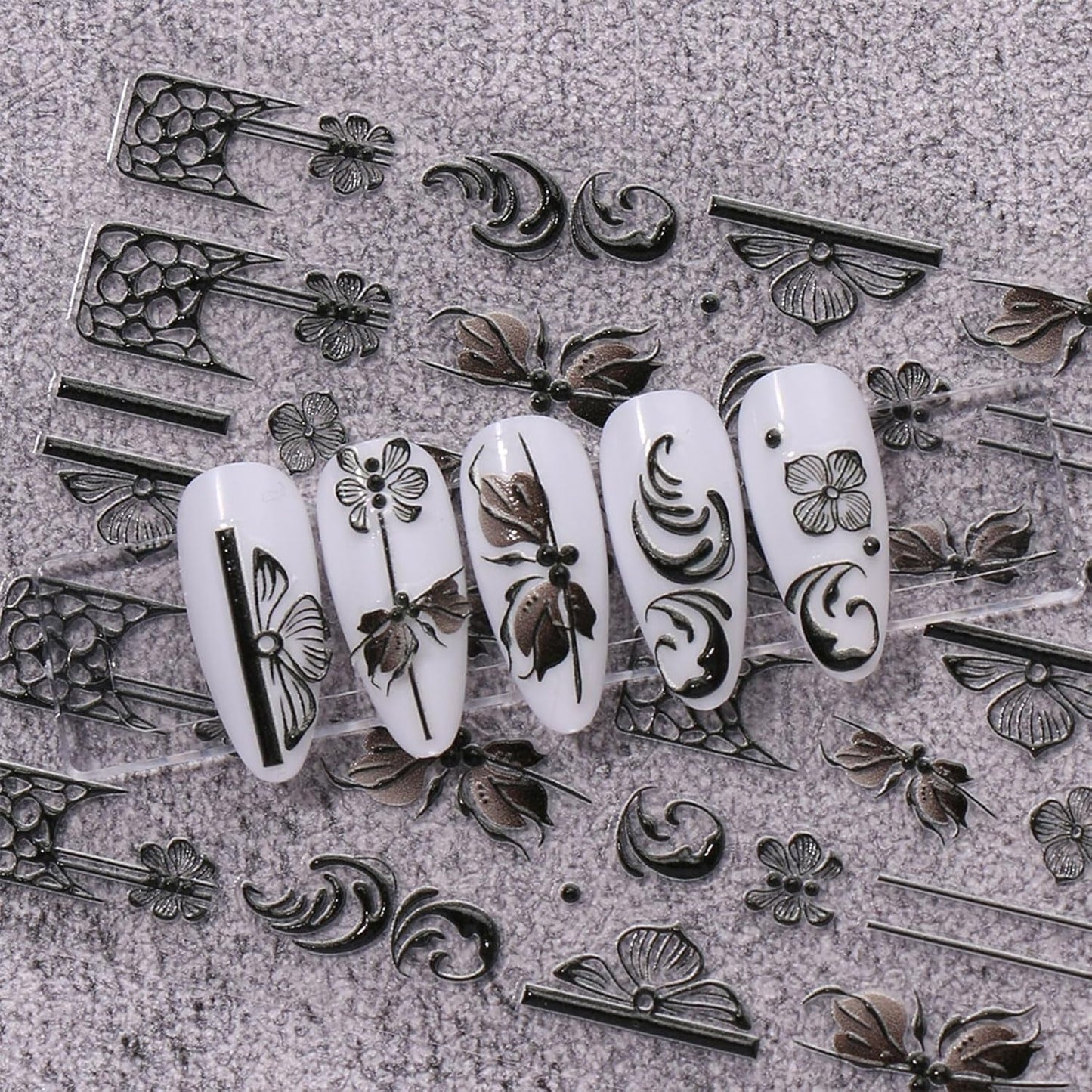 JMEOWIO 3D Nálepka na nehty Schwarz Weiß Blume Nálepka na nehty Selbstklebend Nagelaufkleber 5D Stereoskopisch Blumen Dekoration Nageldesign Zubehör 4 Blatt