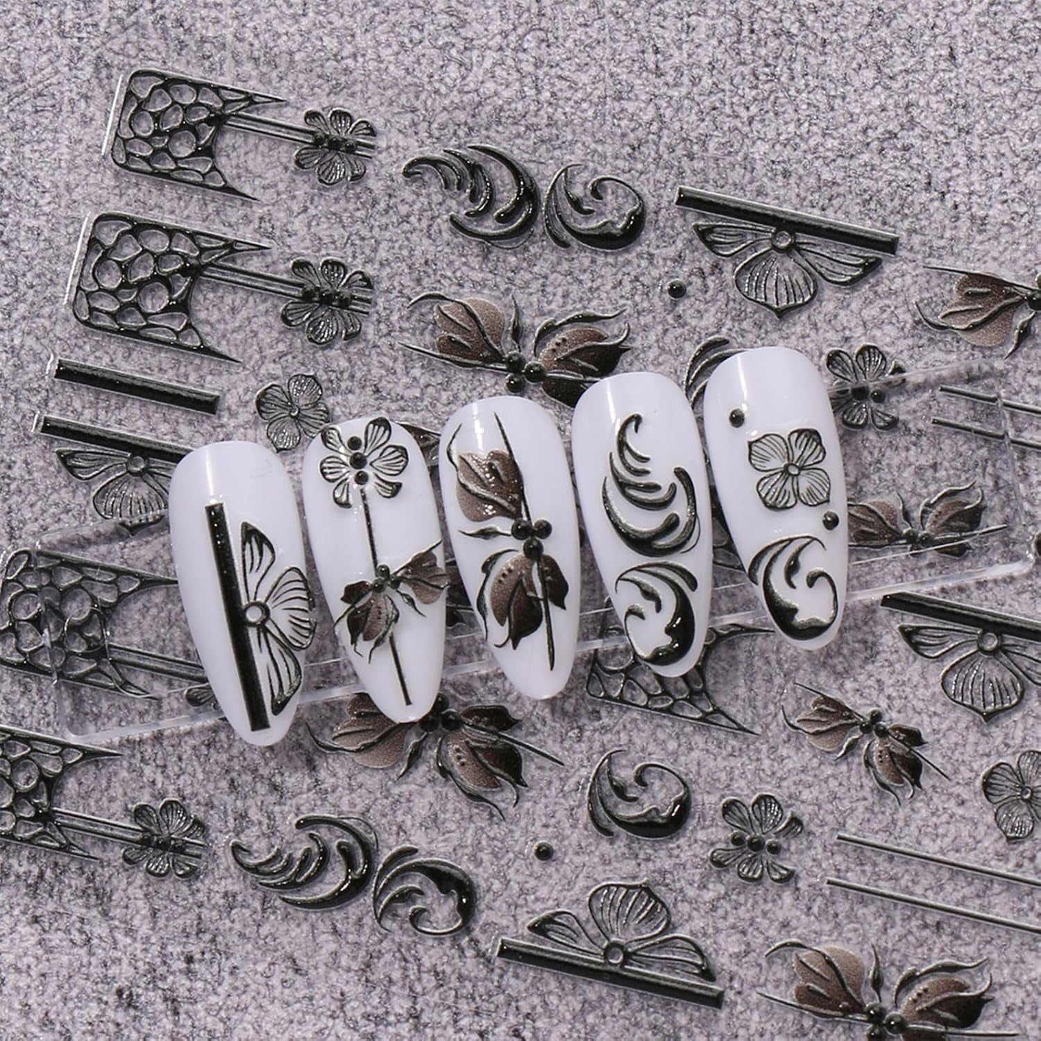 JMEOWIO 3D Nálepka na nehty Schwarz Weiß Blume Nálepka na nehty Selbstklebend Nagelaufkleber 5D Stereoskopisch Blumen Dekoration Nageldesign Zubehör 4 Blatt