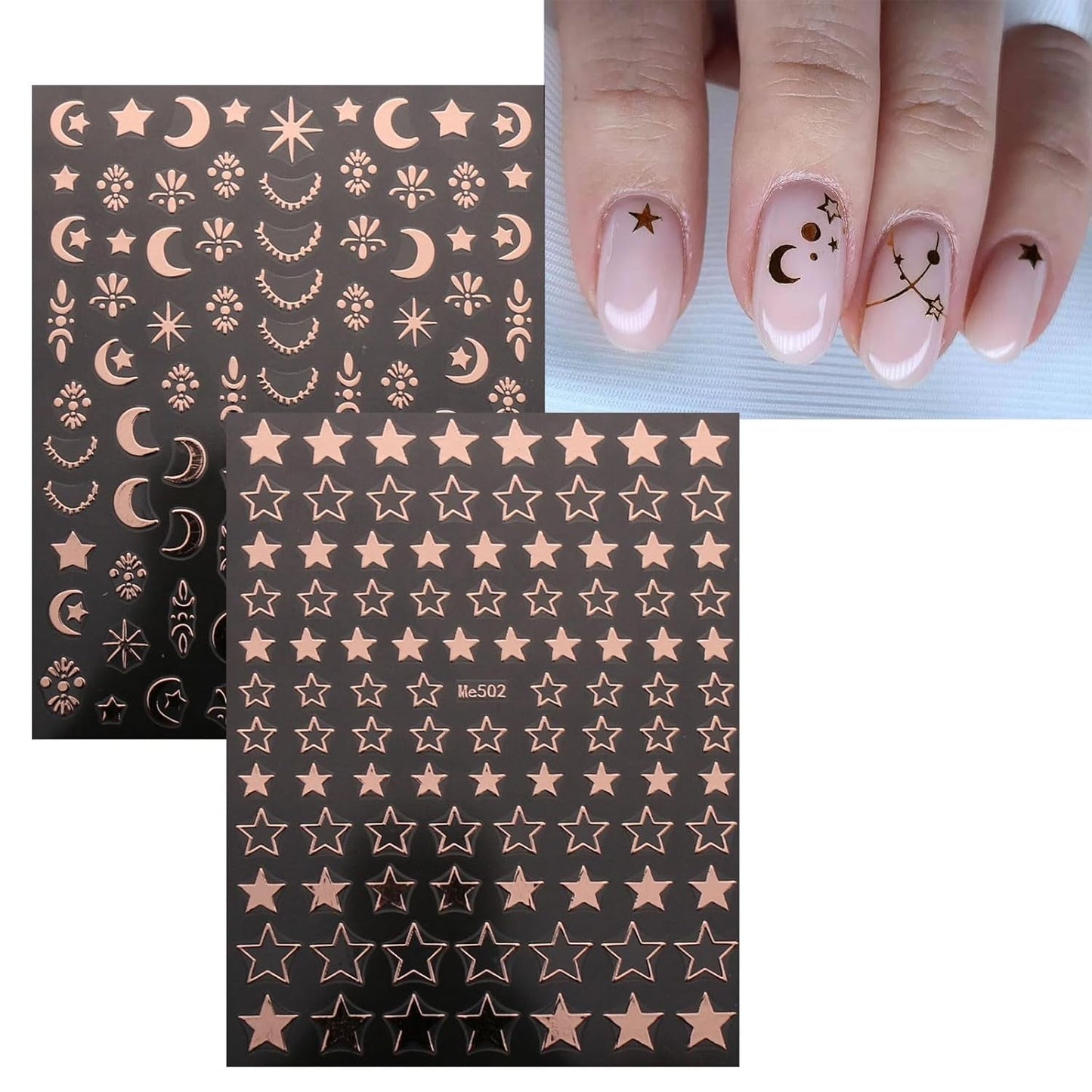 JMEOWIO Nálepka na nehty Mond Stern 10 Blatt Nálepka na nehty Selbstklebend Nagelaufkleber Růžové zlato Dekoration Nageldesign Zubehör