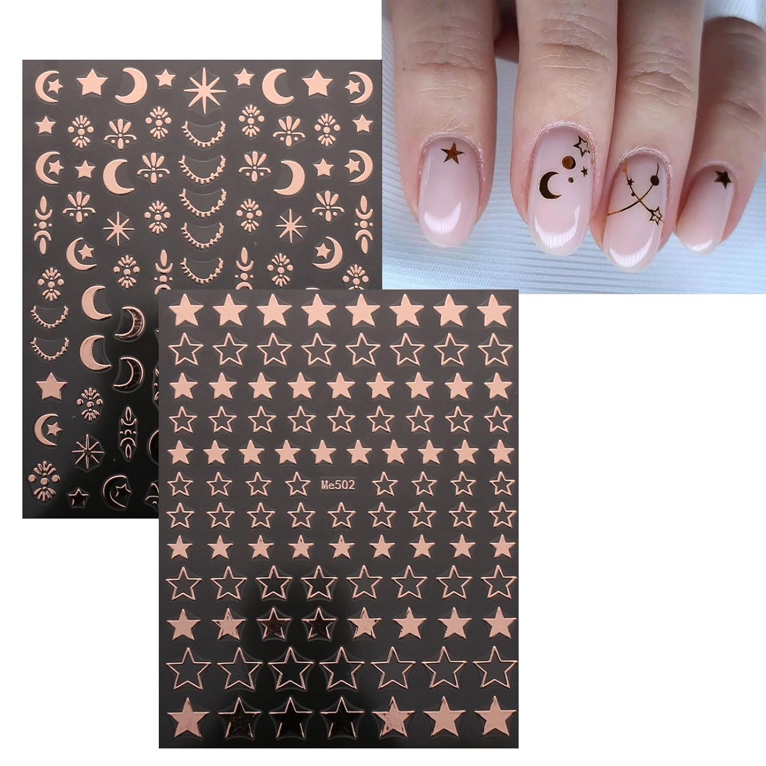 JMEOWIO Nálepka na nehty Mond Stern 10 Blatt Nálepka na nehty Selbstklebend Nagelaufkleber Růžové zlato Dekoration Nageldesign Zubehör