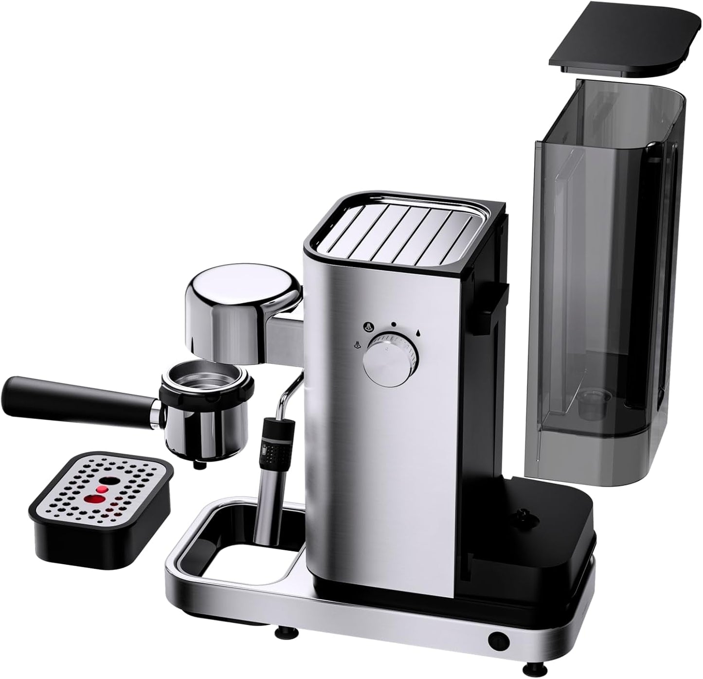 Kávovar WMF Lumero, portafiltr, 1400 wattů, portafilter, 3 vložky, pro 1-2 šálky na espresso, včetně kapslí, 15 bar, držák šálků, napěňovač mléka, matná nerezová ocel
