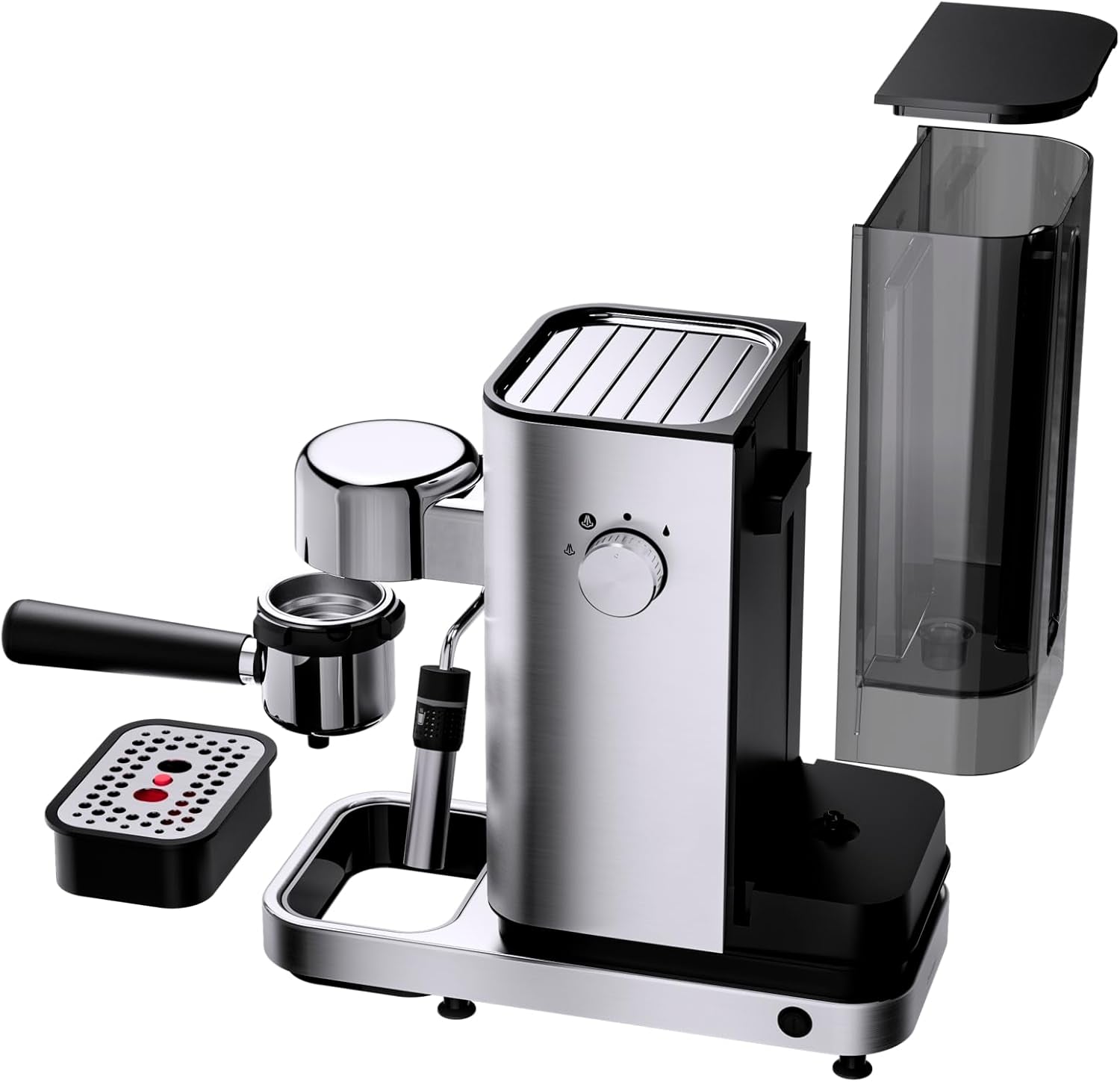Kávovar WMF Lumero, portafiltr, 1400 wattů, portafilter, 3 vložky, pro 1-2 šálky na espresso, včetně kapslí, 15 bar, držák šálků, napěňovač mléka, matná nerezová ocel