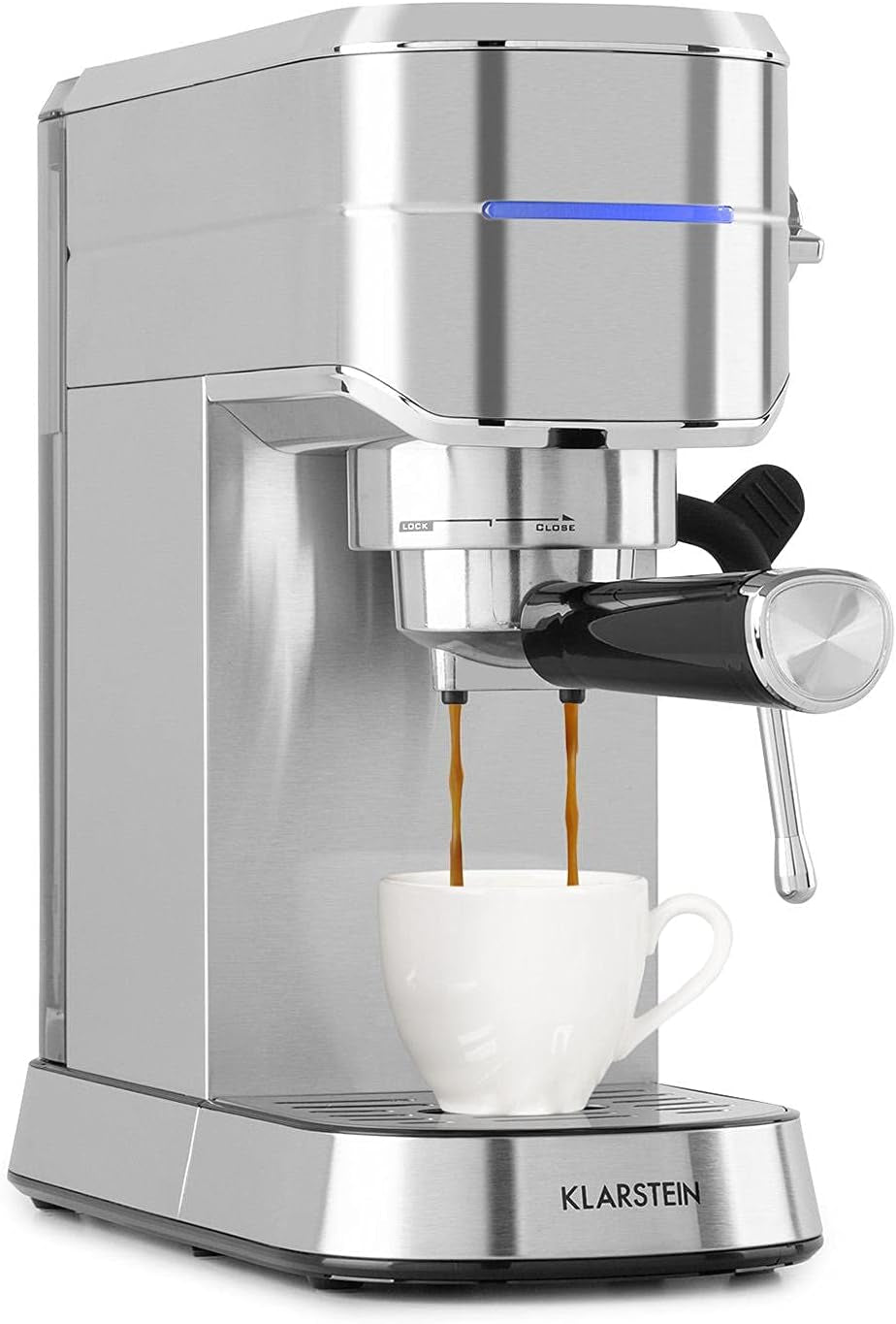 Espresso kávovar Klarstein Futura, Přenosný kávovar na espresso s filtrem, 1450 W, 20 bar, kvalita Barista, dvojitá tryska, zastavení průtoku, přenosný kávovar na espresso s filtrem, funkce napěňovače mléka, stříbrná