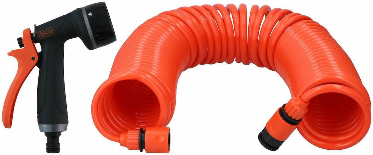 BLACK+DECKER spirálová hadice 15M - Zahradní hadice včetně zahradního postřikovače a 1/2" koncovky - Plast - Oranžová/Černá