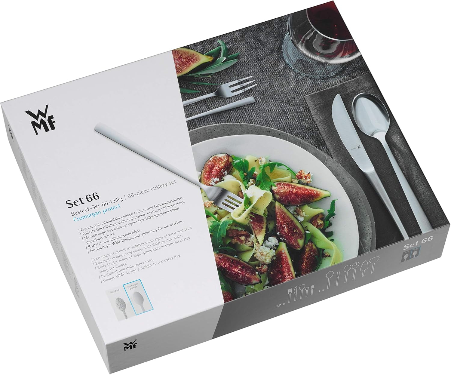 WMF Corvo Besteck Set 12 osob, 66 částí, 60 částí Mit Servierbesteck, Hohlheftmesser, Cromargan Protect Mattiert, Kratzbeständig, Spülmaschinenfest Kitchen Naty Shop