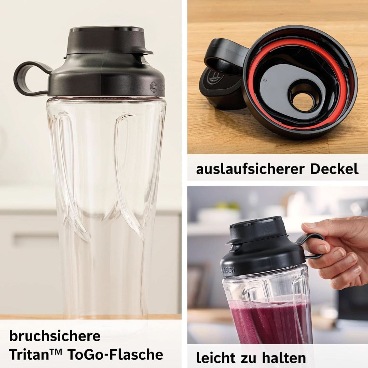Bosch Mini-stojanový mixér Vitapower Serie 2 MMB2111S, vysokorychlostní mixér, Bis Zu 40 000 ot./min., Tritan Togo-Flasche 0,6 L, Trinkdeckel, Bruchsicher, Spülmasch.Geeignete Teile, 450W, Silberty Shopwarz Kitchen