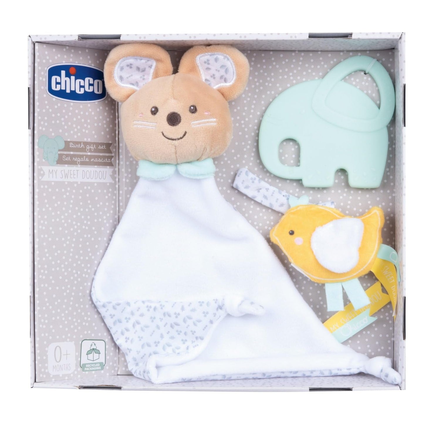 Chicco, dárková sada pro miminko My Sweet Doudou, měkká deka DouDou, velurový dudlík, embosovaný kroužek na kousání slona, ​​tipy na dárky pro novorozence od 0 měsíců