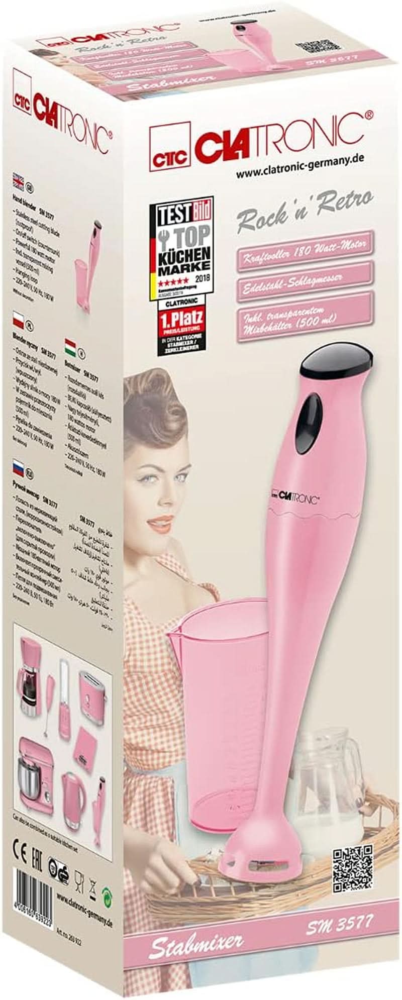 Clatronic Stabmixer/Pürierstab/Blender/Stab-Mixer/Stick/Mixstab SM 3577; Edelstahl-Schlagmesser; Für Smoothie, Kürbispüree, Babybrei, Milchshake; Mit Mixbehälter (500 ml); 180 wattů; Pink Kitchen Naty Shop