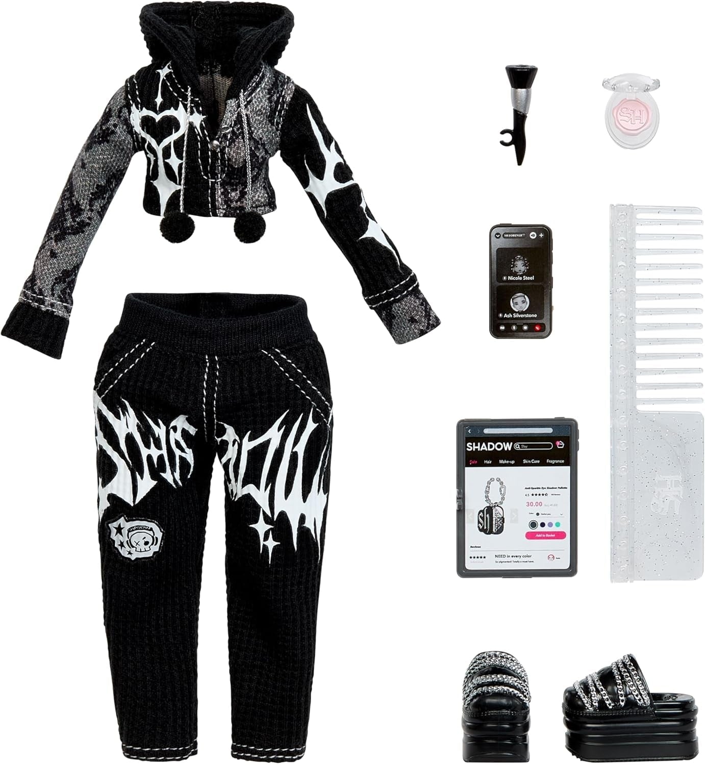 Girls Night Rainbow High Shadow High - Heather Grayson - 28cm módní panenka v odstínech šedých, černobílých vlasů a oblečení s doplňky a hřebenem - Pro sběratele a děti od 6 let