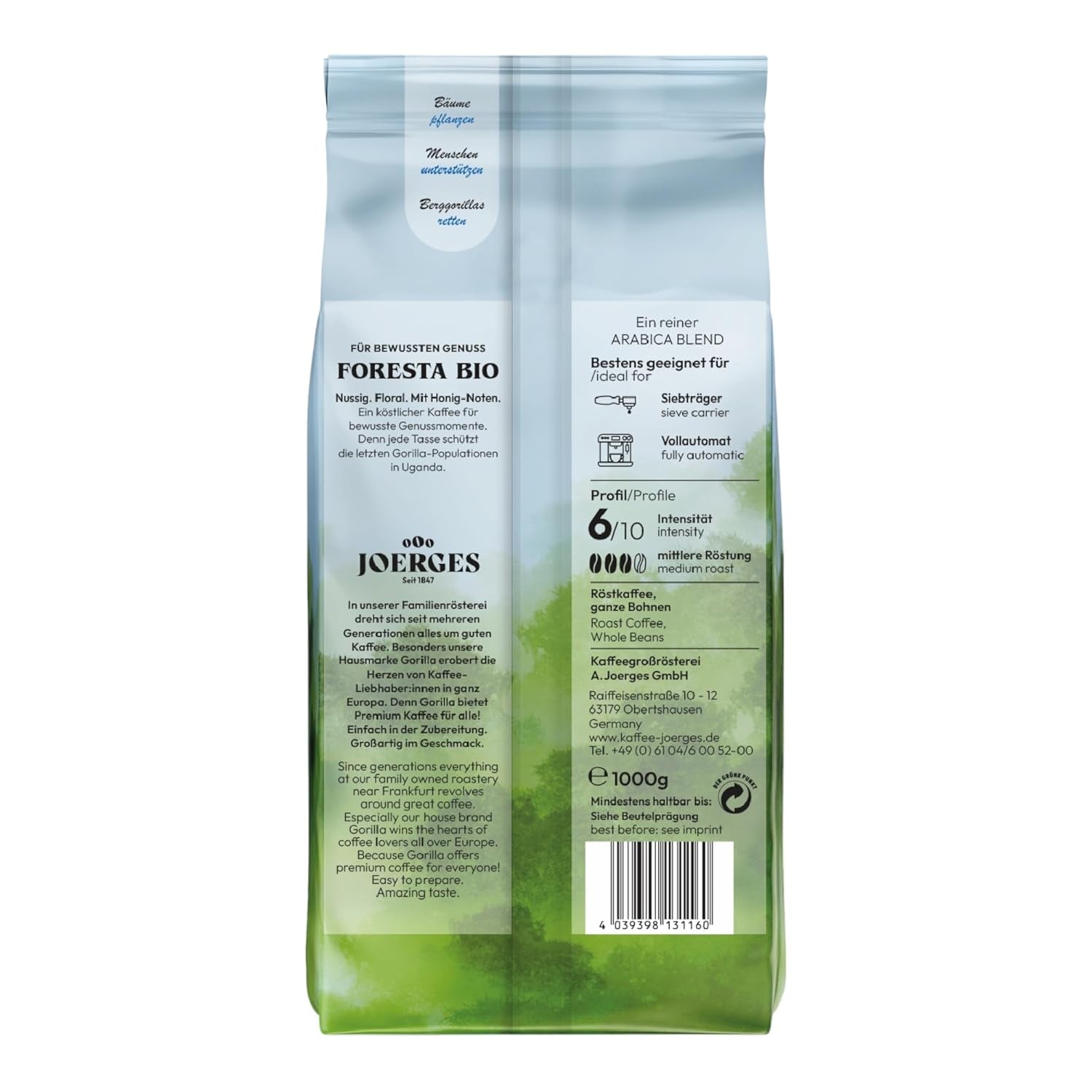 Gorilla Foresta Coffee 6 x 1000 g celá pražená zrna | Směs Arabica | Portafiltr a plně automatické espresso stroje | Káva espresso