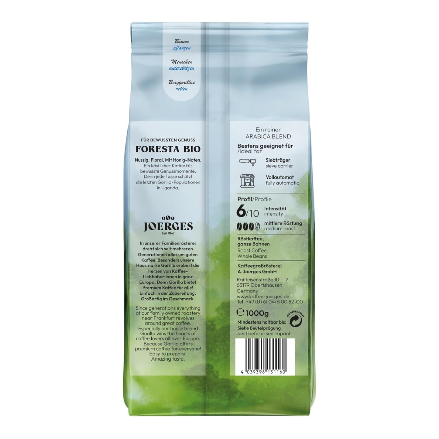 Káva Gorilla Foresta, dvojbalení, 2 x 1 kg, pražená zrna | Směs Arabica, celá fazole | Plně automatický portafiltrační espresso kávovar | Káva espresso