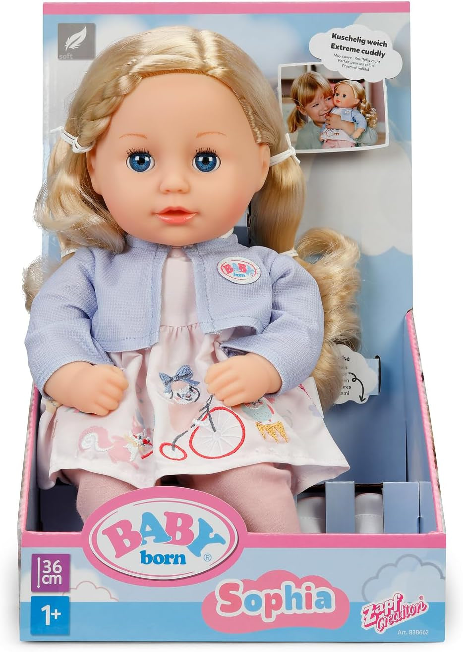BABY born Sophia Rose - 36 cm měkká panenka - Panenka s kvalitními blond vlásky a ospalýma očima - Vhodné pro děti od 1 roku