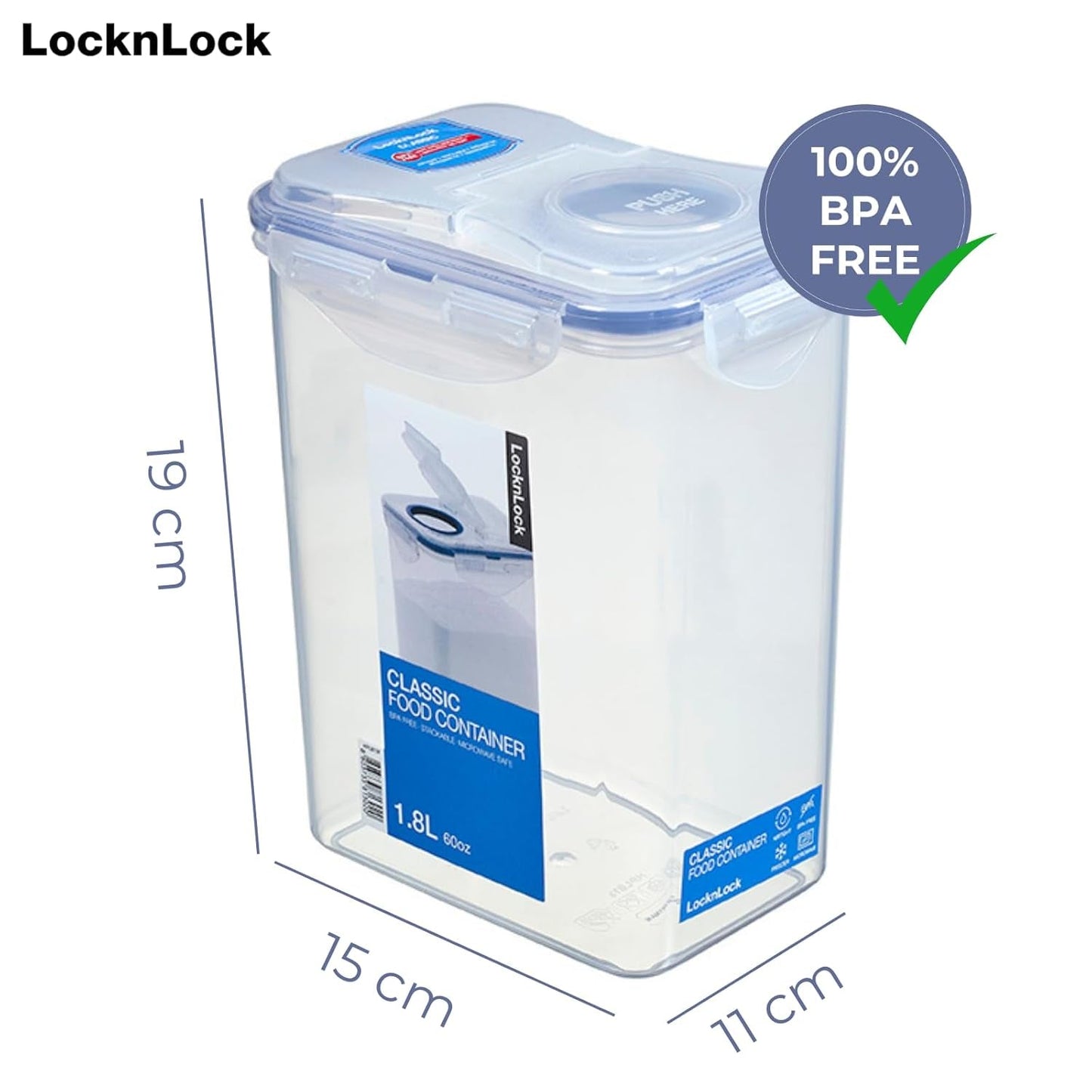 LocknLock PP Classic velkoobjemový kontejner 1,8L | 15,1 x 10,8 x 19 cm | 100% uzavřený úložný box | dávkovač jídla na müsli nebo jídlo | Úložná nádoba bez BPA a vhodná do myčky nádobí Naty Shop Food Storage Boxes