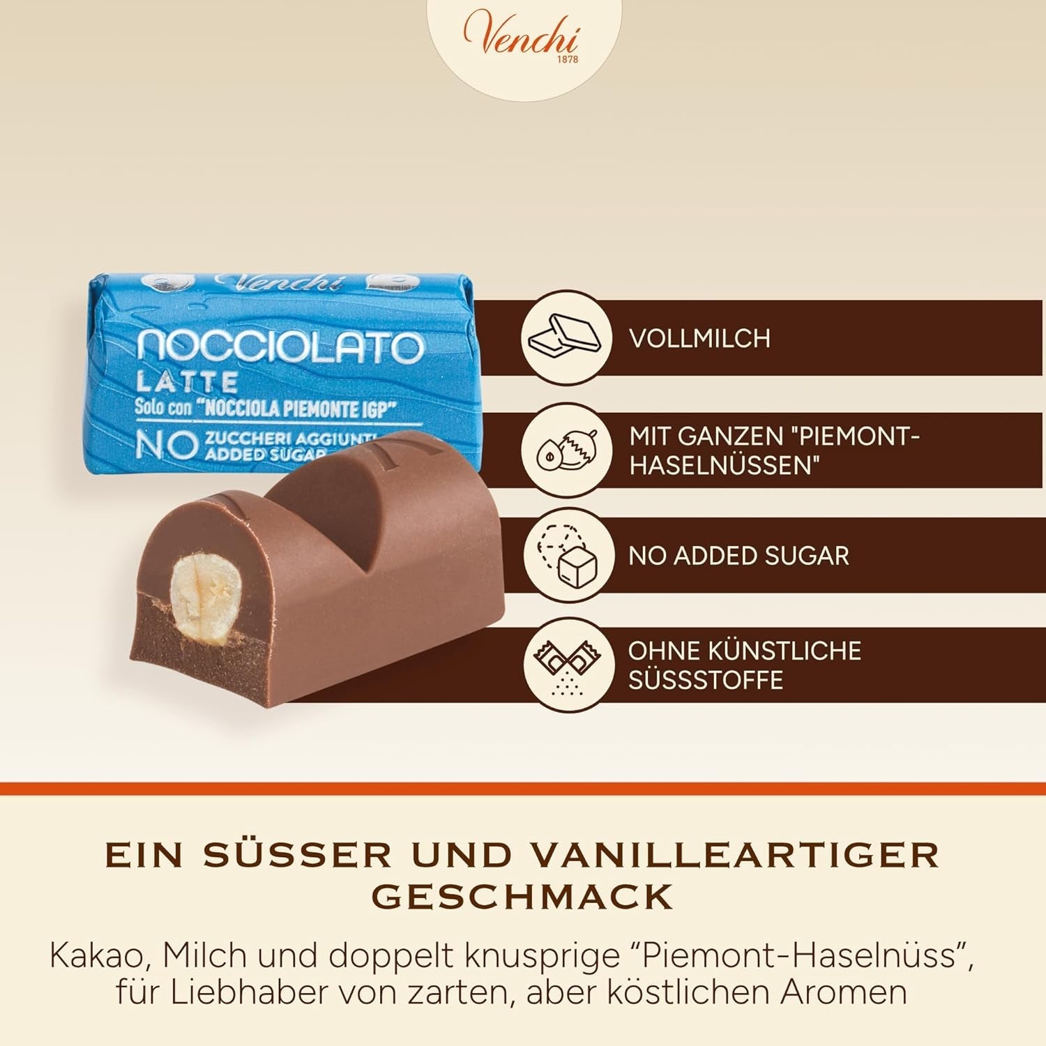 Venchi - Čokoládové tyčinky s mlékem a lískovými oříšky - 70% cukru - Pralinky s celými lískovými oříšky CHZO Piemont, 1 kg - Bez lepku
